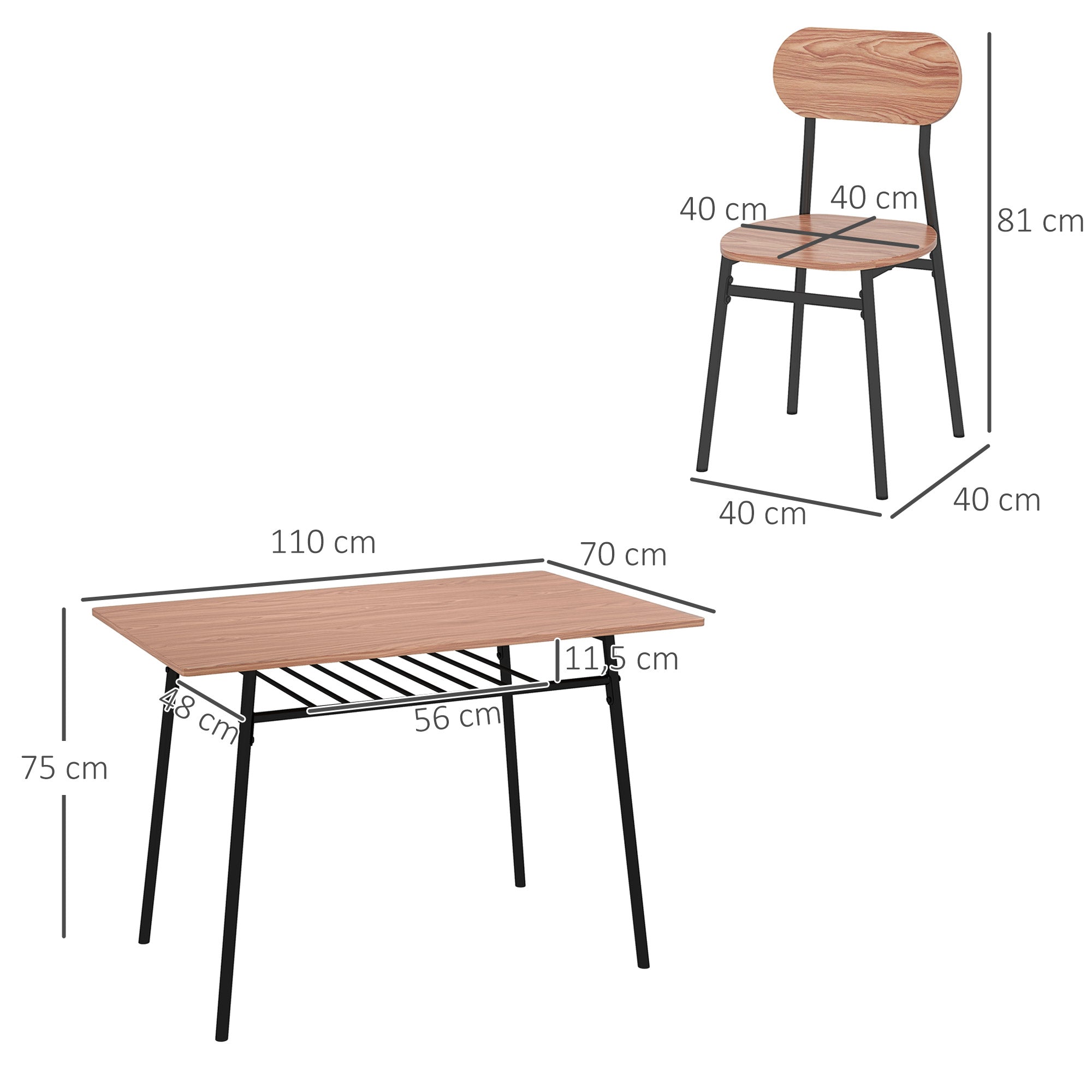 Dining Set Dining Table with 4 Chairs, Storage Shelf, Space-Saving Dining Group in Country Style Seating for Dining Room, Kitchen Teak