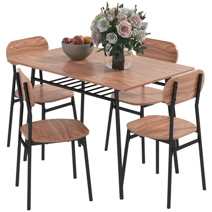 Dining Set Dining Table with 4 Chairs, Storage Shelf, Space-Saving Dining Group in Country Style Seating for Dining Room, Kitchen Teak