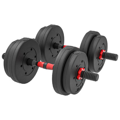 Short Dumbbell Set Total 15 Kg 2 in 1 Adjustable Weight - Bars Included - Muscle Training & Weightlifting - HDPE Black Red