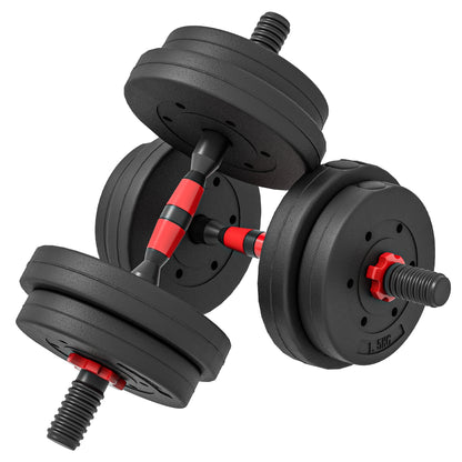 Short Dumbbell Set Total 15 Kg 2 in 1 Adjustable Weight - Bars Included - Muscle Training & Weightlifting - HDPE Black Red