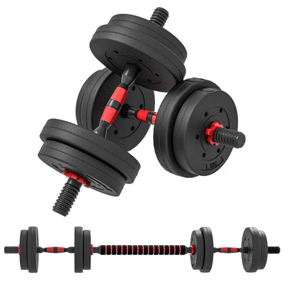 Short Dumbbell Set Total 15 Kg 2 in 1 Adjustable Weight - Bars Included - Muscle Training & Weightlifting - HDPE Black Red