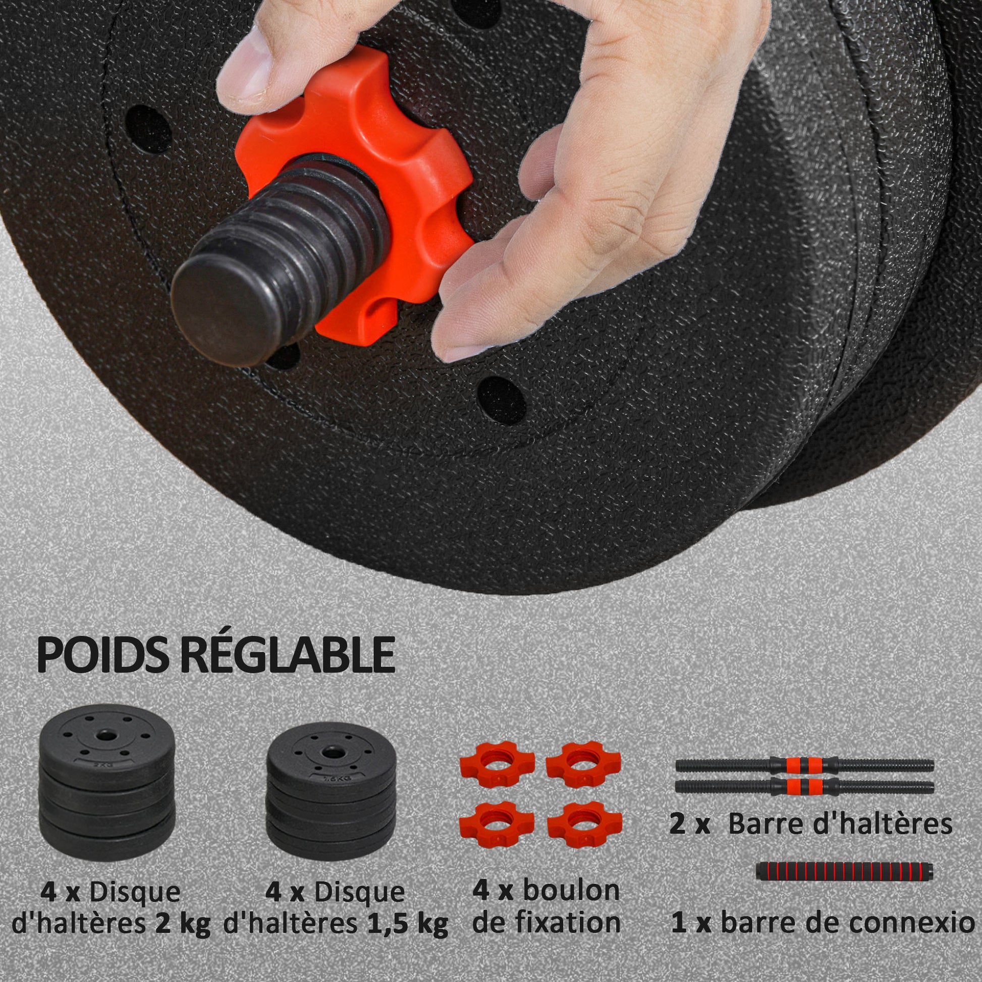 Short Dumbbell Set Total 15 Kg 2 in 1 Adjustable Weight - Bars Included - Muscle Training & Weightlifting - HDPE Black Red