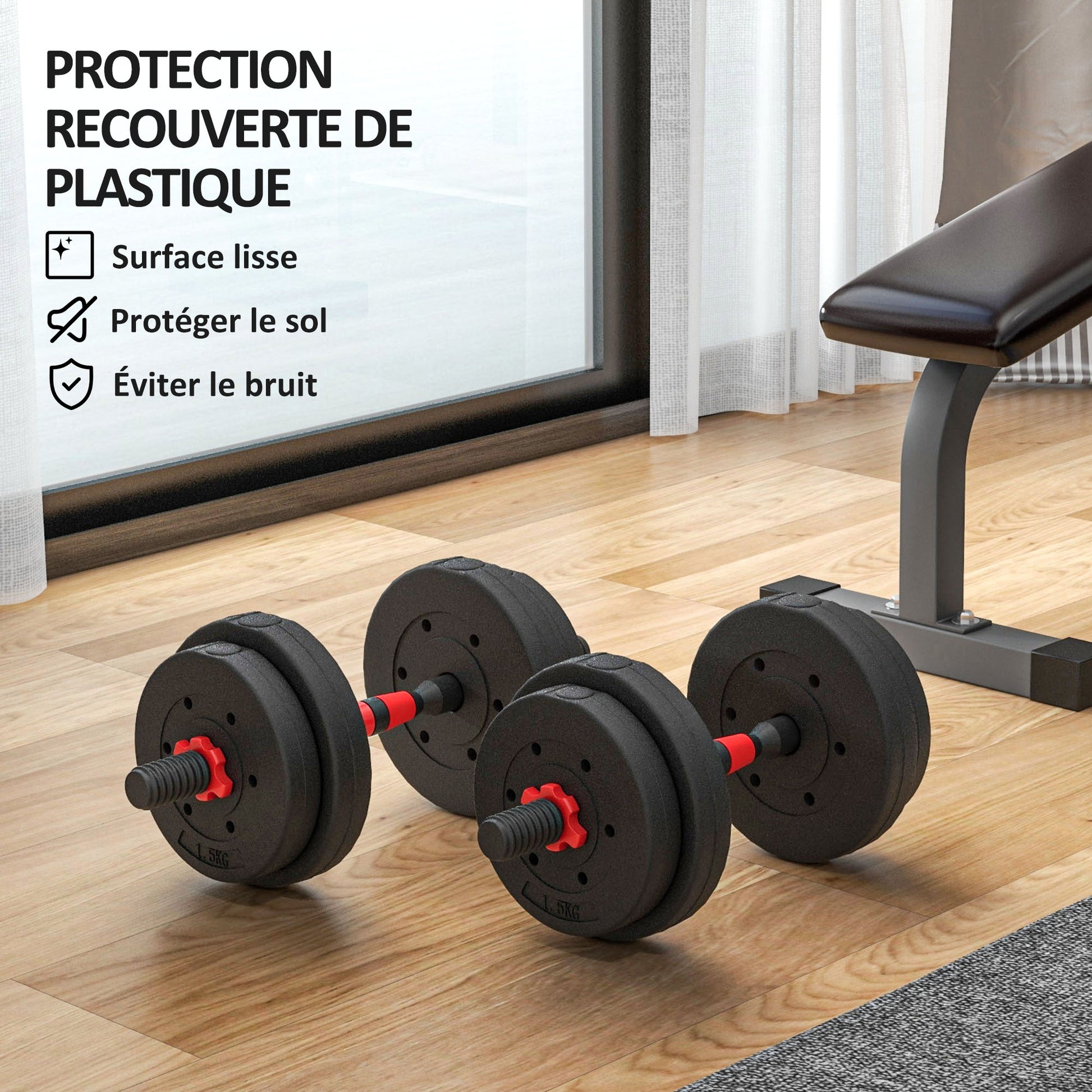 Short Dumbbell Set Total 15 Kg 2 in 1 Adjustable Weight - Bars Included - Muscle Training & Weightlifting - HDPE Black Red