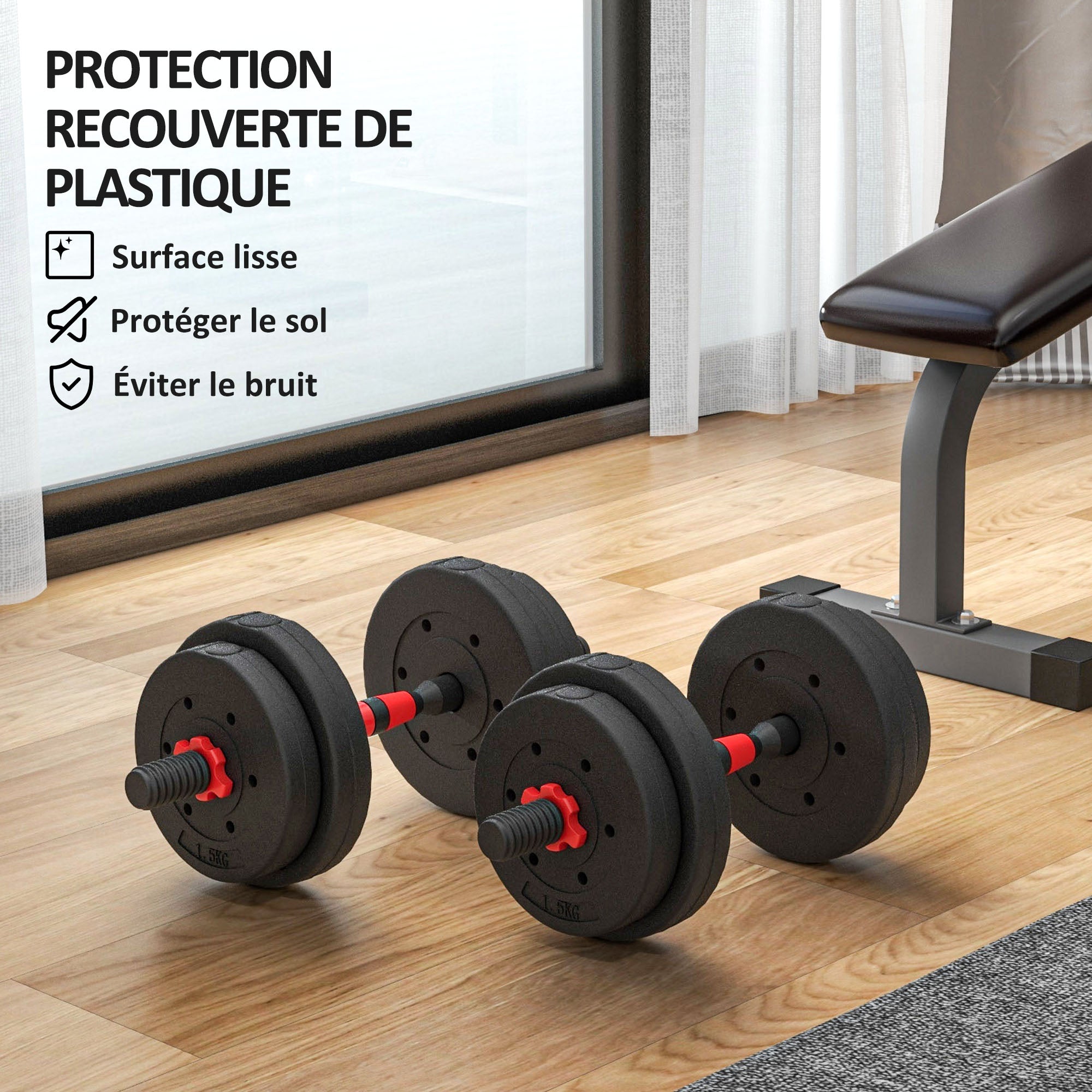 Short Dumbbell Set Total 15 Kg 2 in 1 Adjustable Weight - Bars Included - Muscle Training & Weightlifting - HDPE Black Red