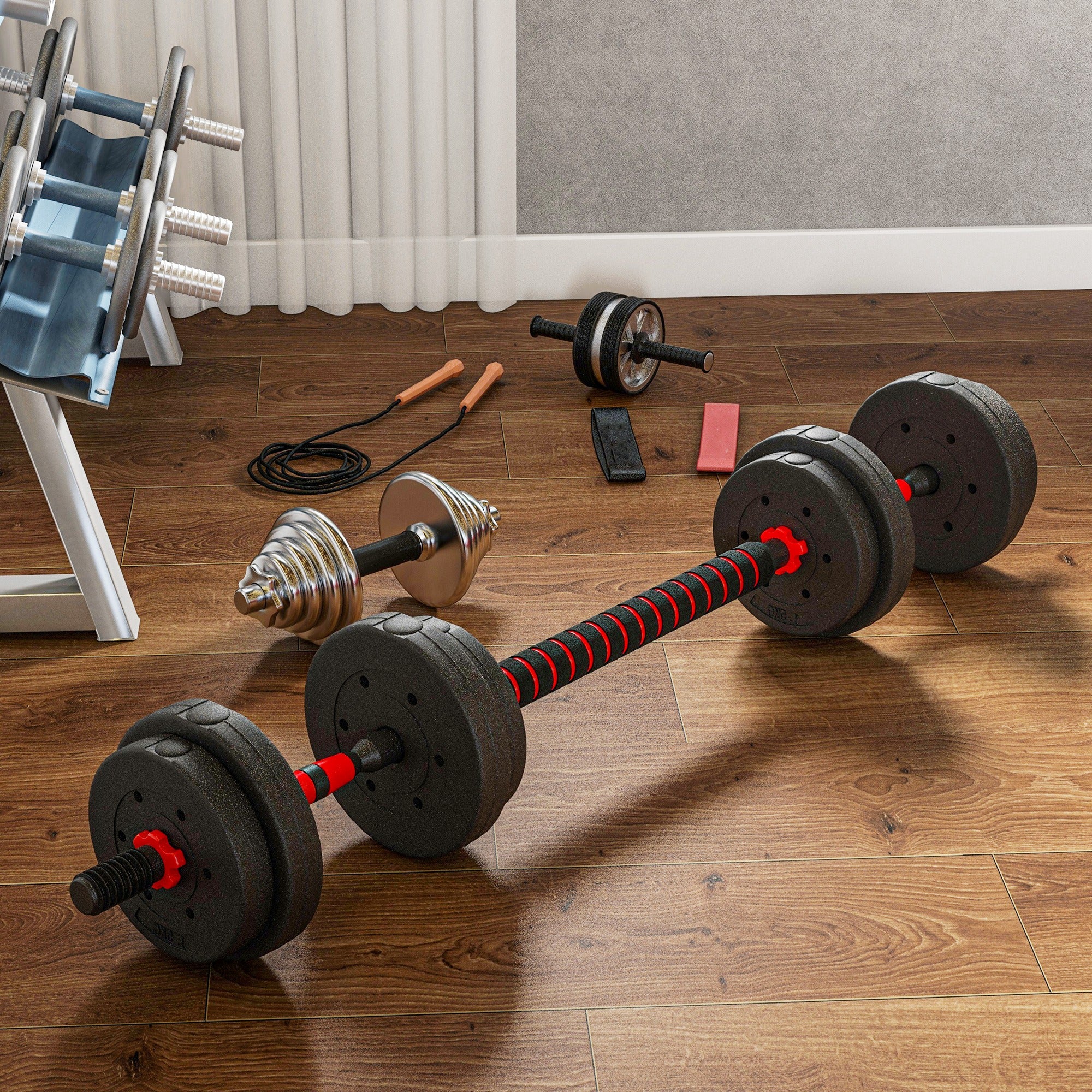 Short Dumbbell Set Total 15 Kg 2 in 1 Adjustable Weight - Bars Included - Muscle Training & Weightlifting - HDPE Black Red