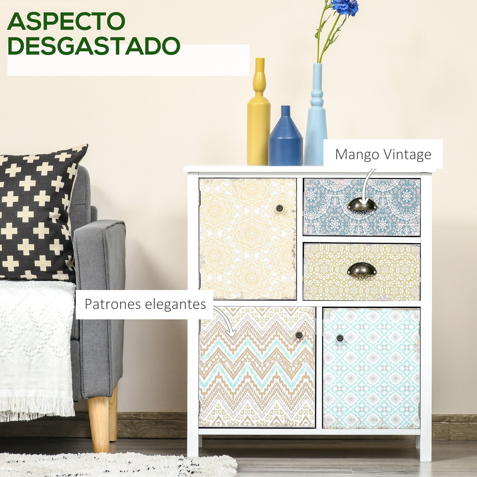 Bedroom Dresser with 2 Drawers and 3 Patterned Front Compartment with Vintage Handles Dresser for Living Room Office 68x34x80 cm Multicolor