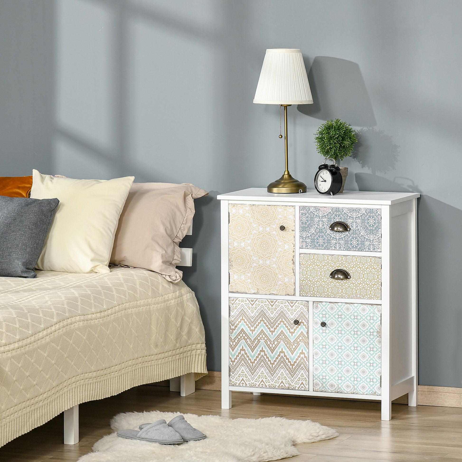 Bedroom Dresser with 2 Drawers and 3 Patterned Front Compartment with Vintage Handles Dresser for Living Room Office 68x34x80 cm Multicolor