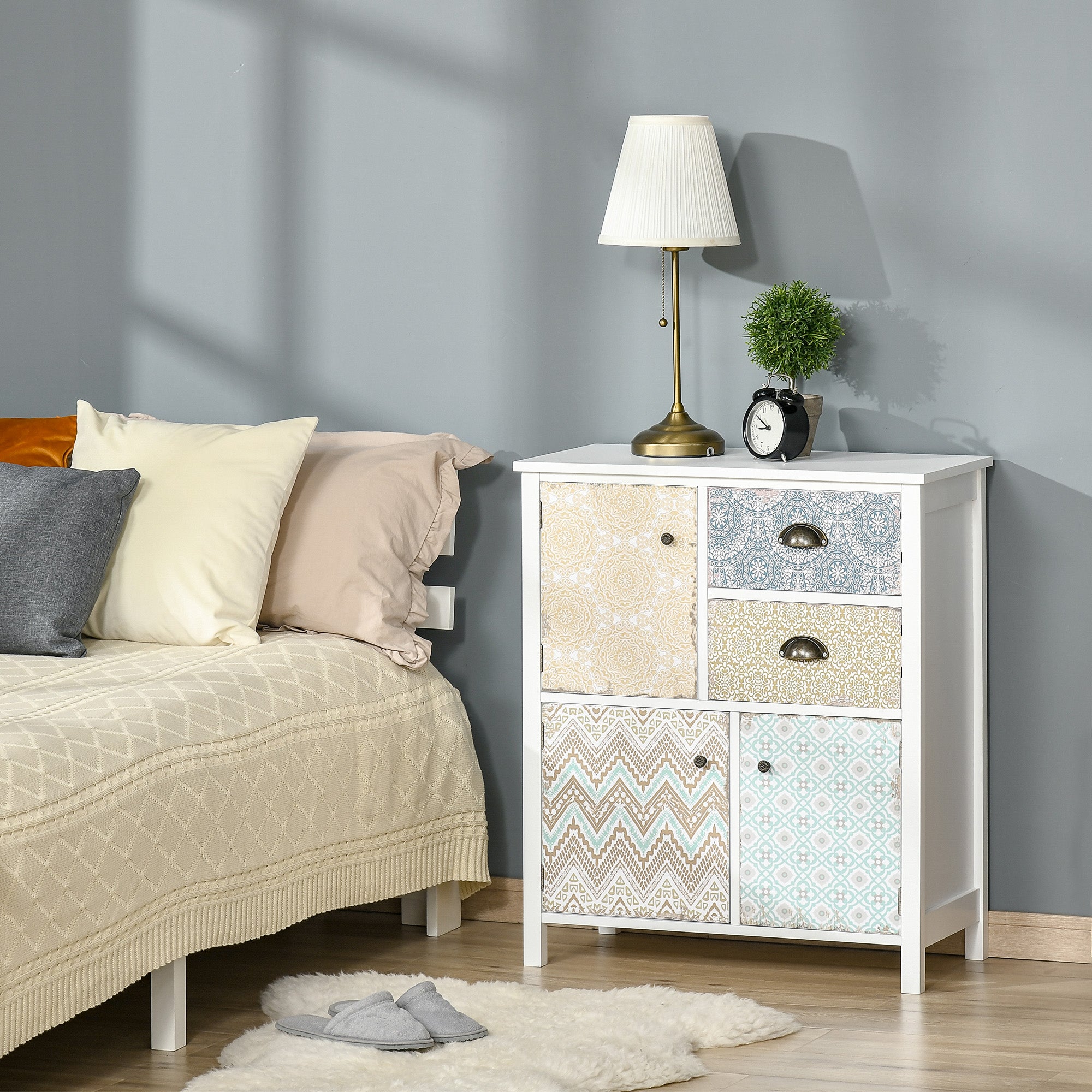 Bedroom Dresser with 2 Drawers and 3 Patterned Front Compartment with Vintage Handles Dresser for Living Room Office 68x34x80 cm Multicolor