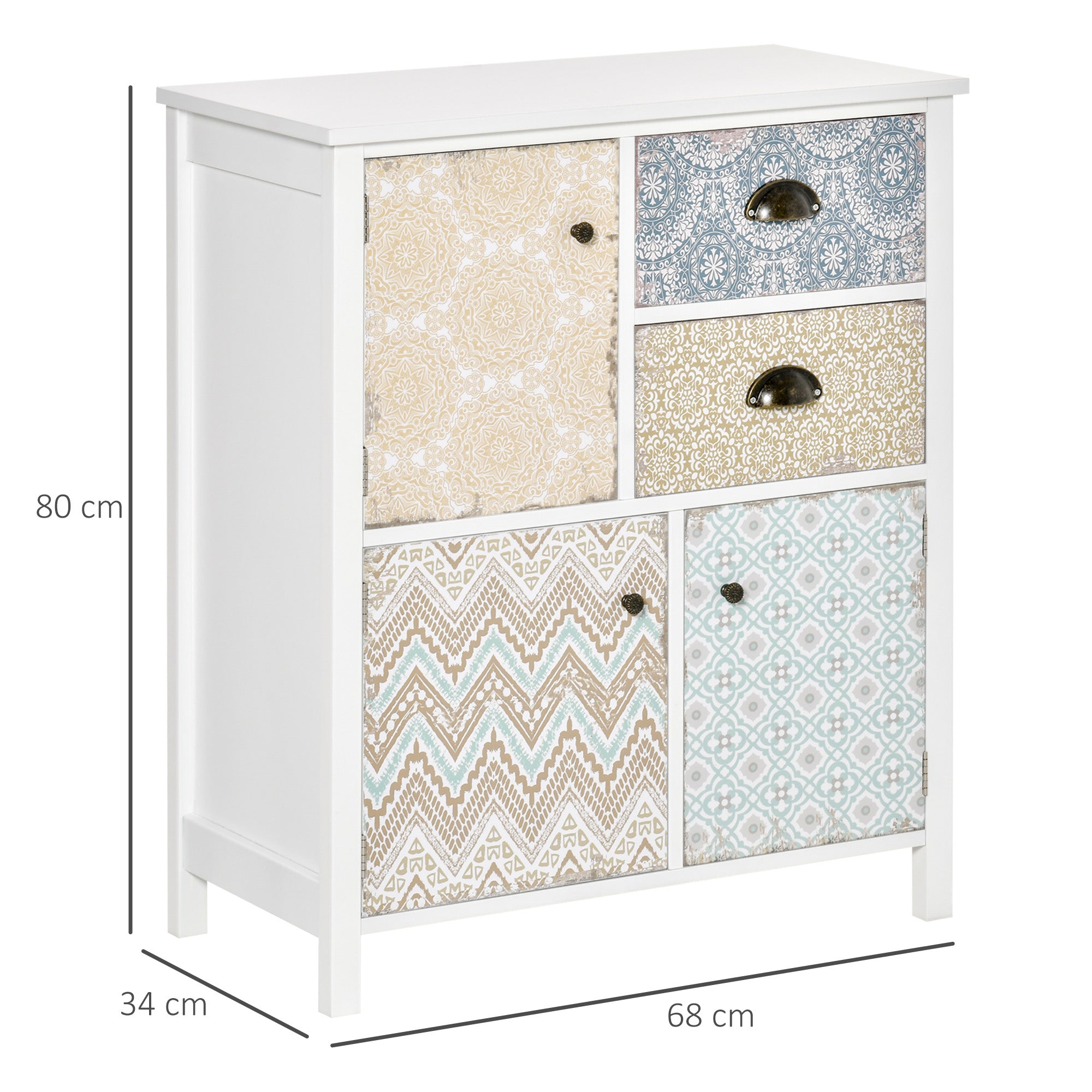 Bedroom Dresser with 2 Drawers and 3 Patterned Front Compartment with Vintage Handles Dresser for Living Room Office 68x34x80 cm Multicolor