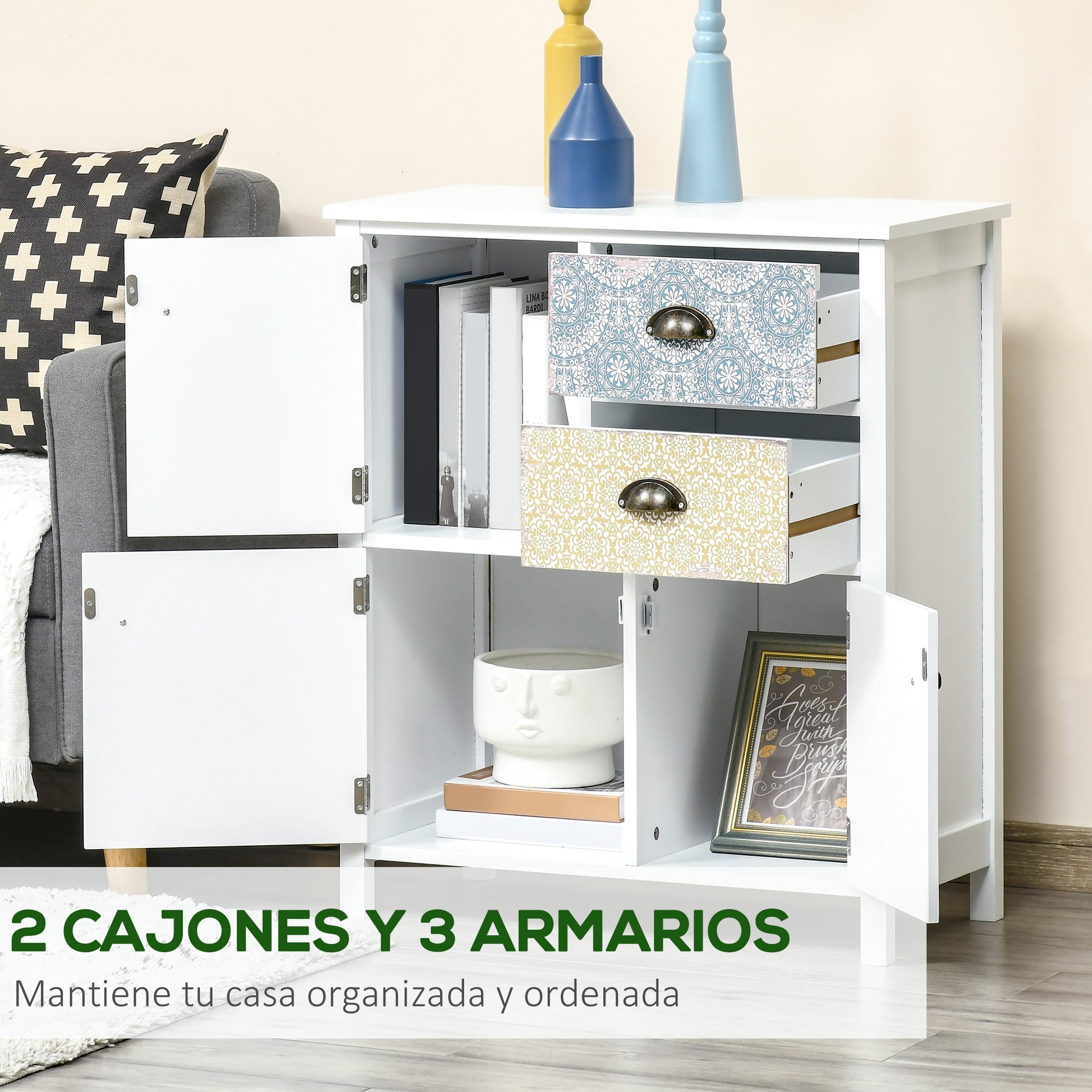 Bedroom Dresser with 2 Drawers and 3 Patterned Front Compartment with Vintage Handles Dresser for Living Room Office 68x34x80 cm Multicolor