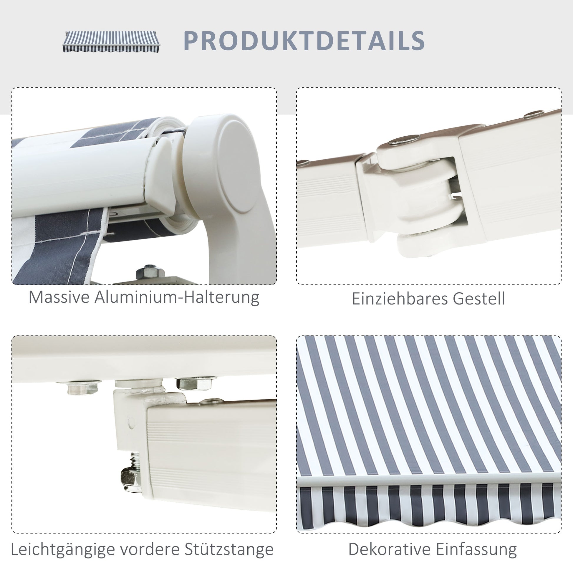 Awning Retractable Sunshade Hand Crank Balcony Aluminum Grey White 2.95 x 2.45 m