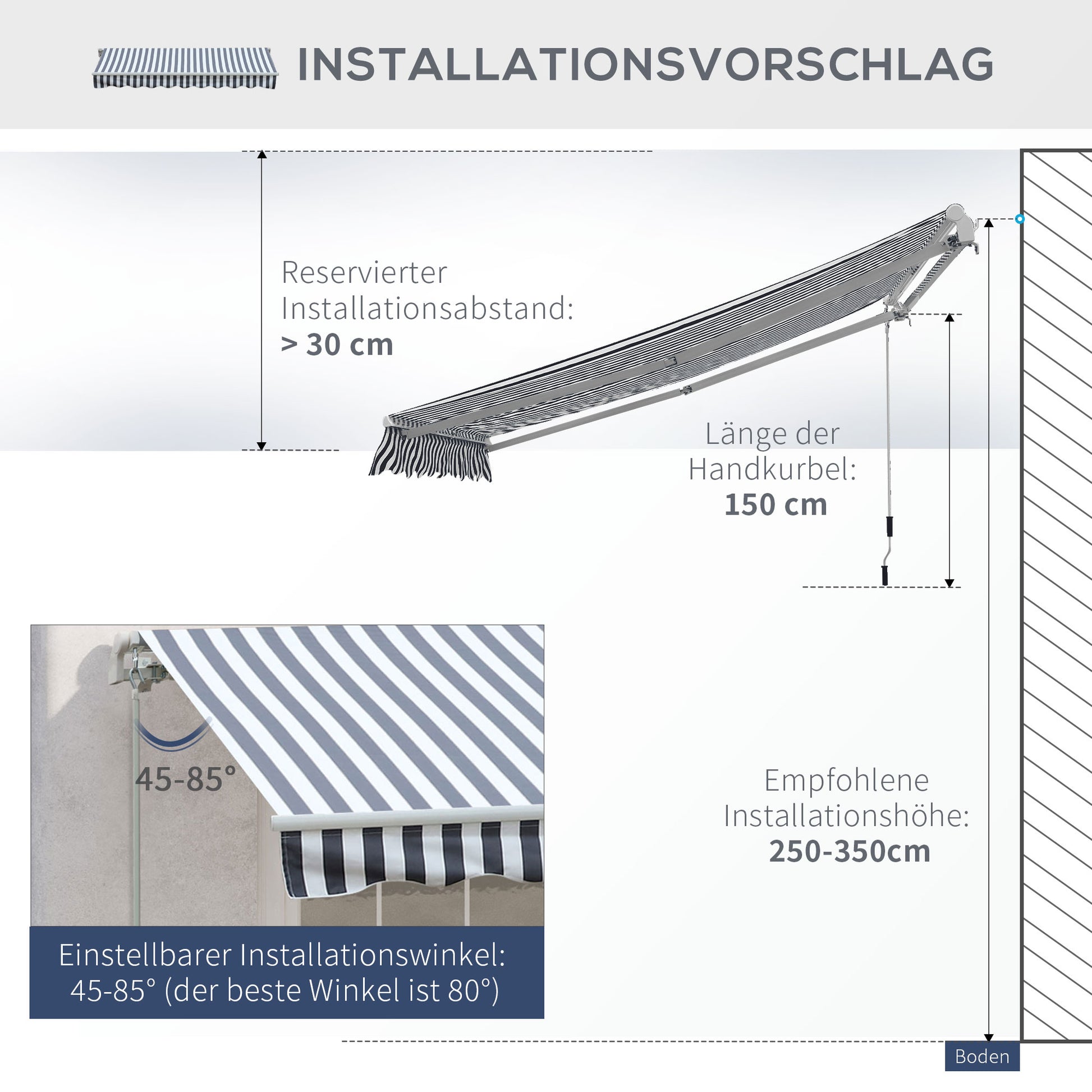Awning Retractable Sunshade Hand Crank Balcony Aluminum Grey White 2.95 x 2.45 m