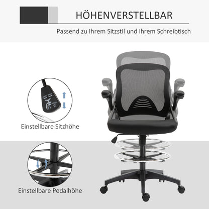 Office Chair Ergonomic Desk Chair with Flip-Up Armrests and Adjustable Foot Ring, Height Adjustable Swivel Chair Drafting Chair with Tilt Function, Mesh Black