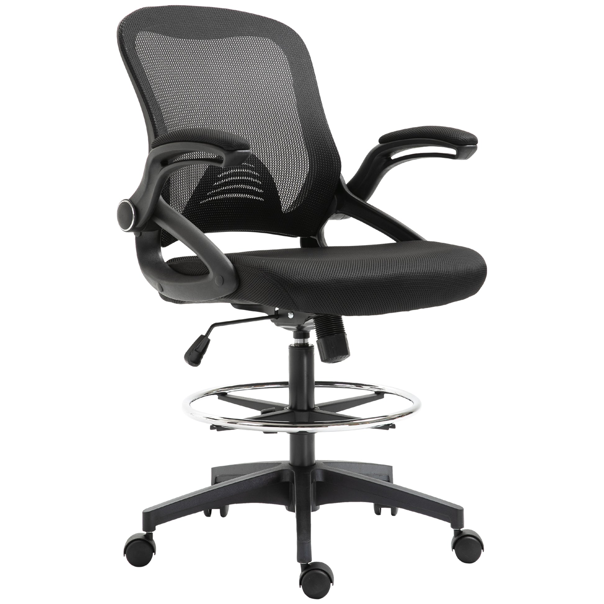 Office Chair Ergonomic Desk Chair with Flip-Up Armrests and Adjustable Foot Ring, Height Adjustable Swivel Chair Drafting Chair with Tilt Function, Mesh Black