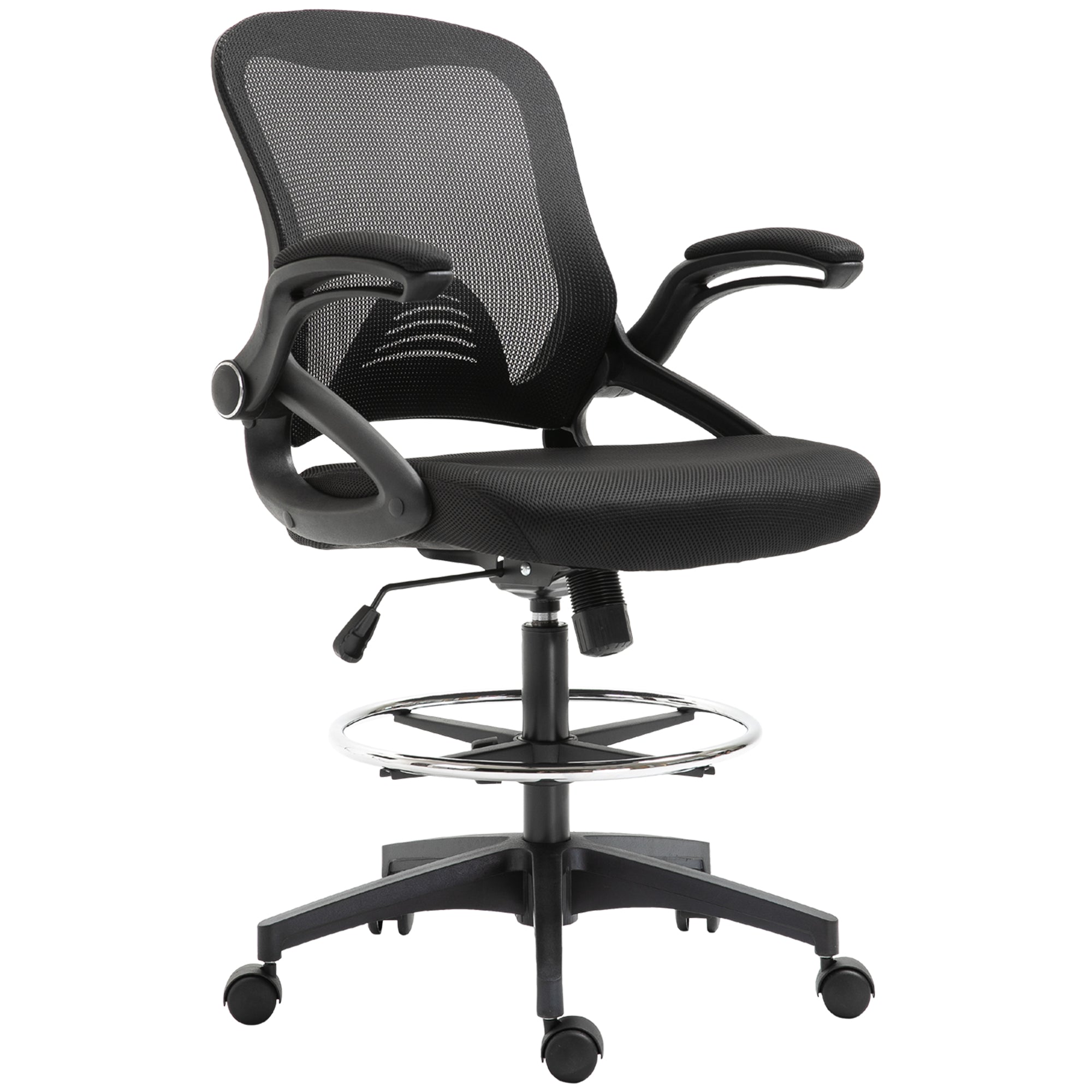 Office Chair Ergonomic Desk Chair with Flip-Up Armrests and Adjustable Foot Ring, Height Adjustable Swivel Chair Drafting Chair with Tilt Function, Mesh Black