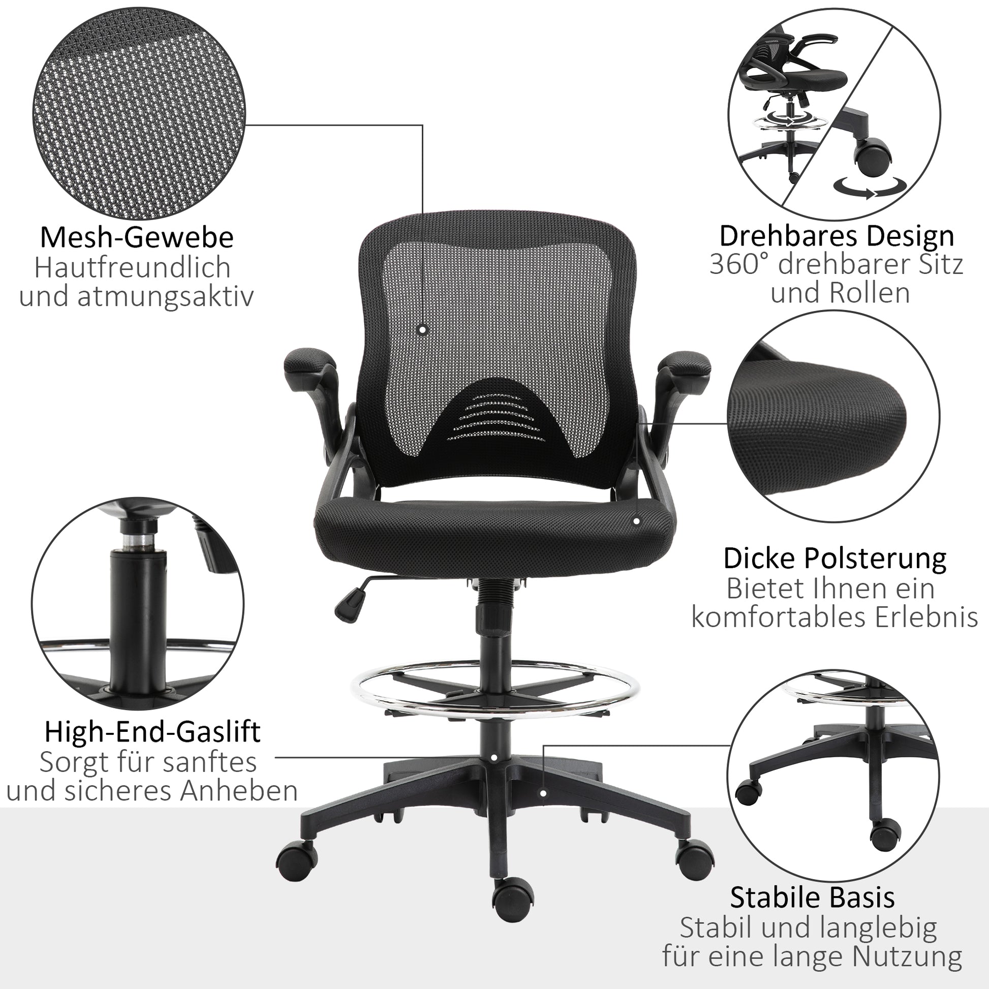 Office Chair Ergonomic Desk Chair with Flip-Up Armrests and Adjustable Foot Ring, Height Adjustable Swivel Chair Drafting Chair with Tilt Function, Mesh Black