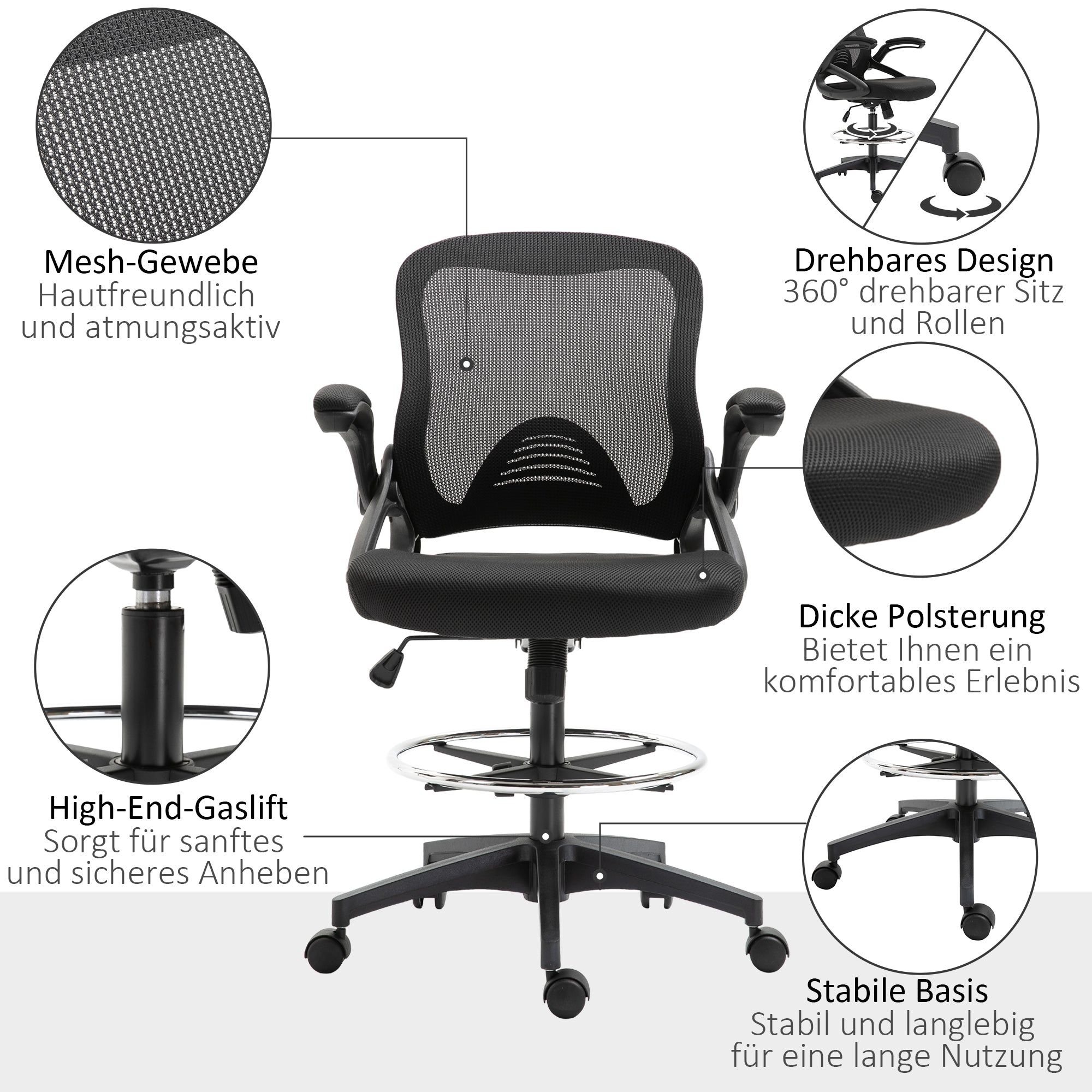 Office Chair Ergonomic Desk Chair with Flip-Up Armrests and Adjustable Foot Ring, Height Adjustable Swivel Chair Drafting Chair with Tilt Function, Mesh Black