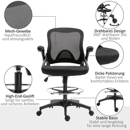 Office Chair Ergonomic Desk Chair with Flip-Up Armrests and Adjustable Foot Ring, Height Adjustable Swivel Chair Drafting Chair with Tilt Function, Mesh Black