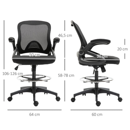 Office Chair Ergonomic Desk Chair with Flip-Up Armrests and Adjustable Foot Ring, Height Adjustable Swivel Chair Drafting Chair with Tilt Function, Mesh Black