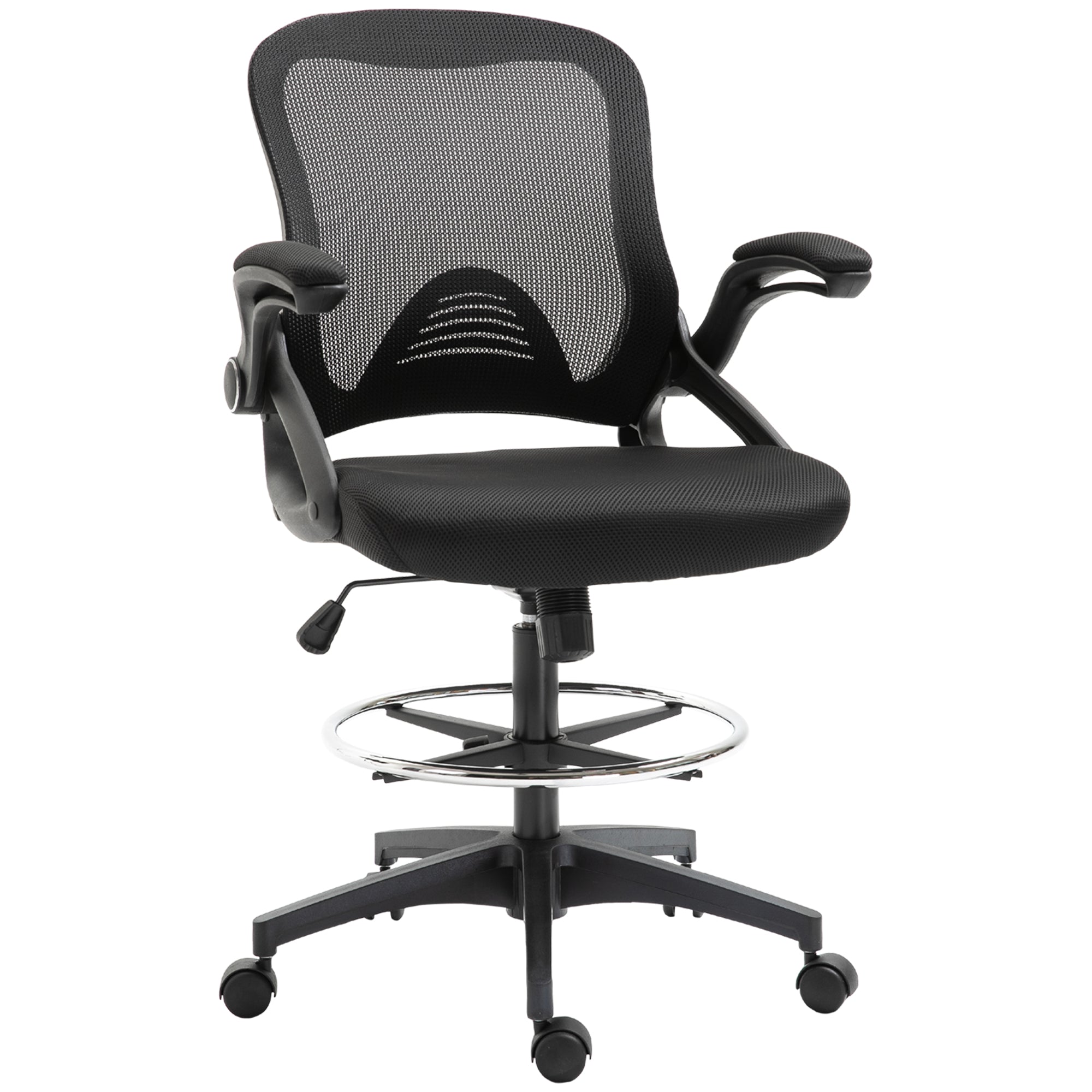 Office Chair Ergonomic Desk Chair with Flip-Up Armrests and Adjustable Foot Ring, Height Adjustable Swivel Chair Drafting Chair with Tilt Function, Mesh Black
