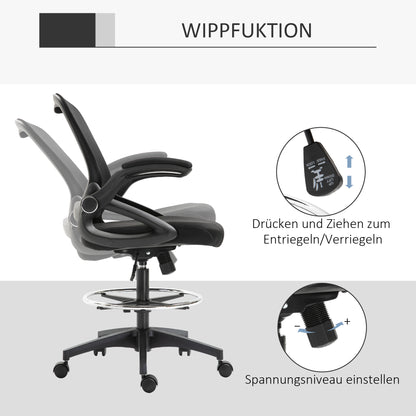Office Chair Ergonomic Desk Chair with Flip-Up Armrests and Adjustable Foot Ring, Height Adjustable Swivel Chair Drafting Chair with Tilt Function, Mesh Black