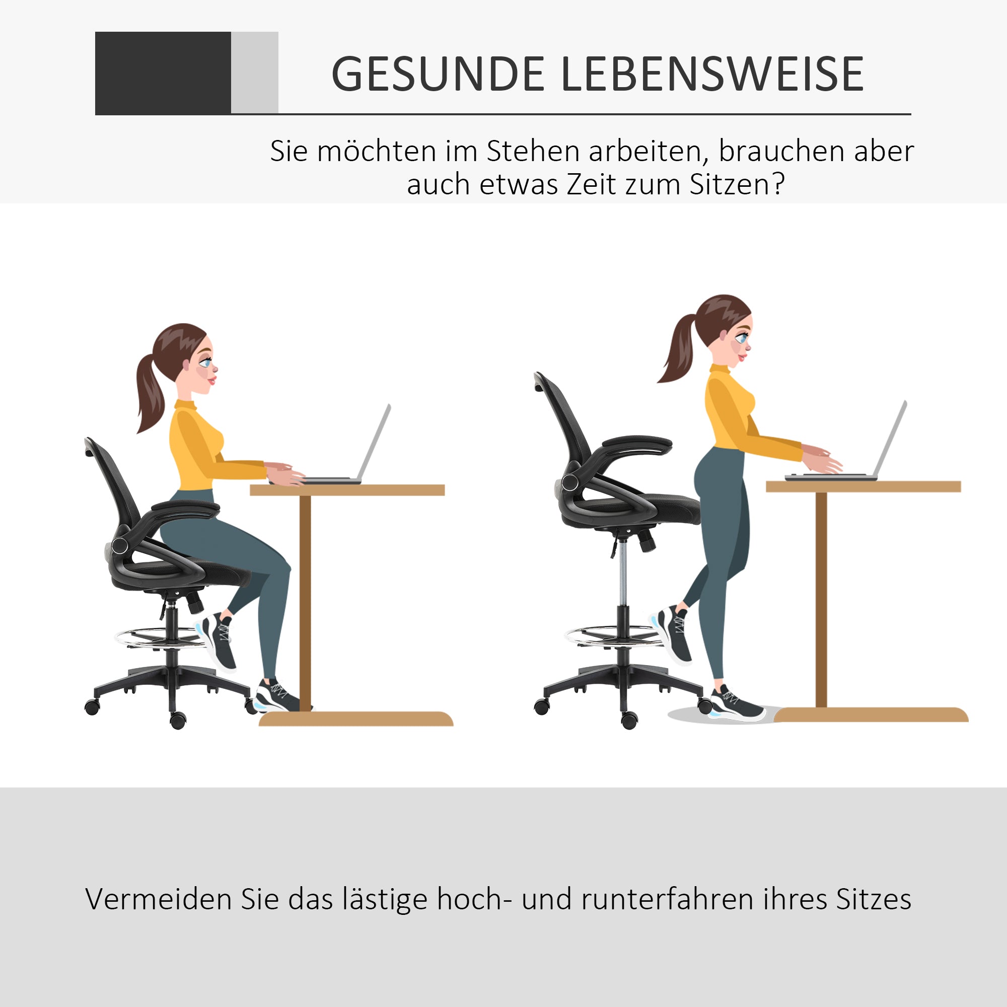 Office Chair Ergonomic Desk Chair with Flip-Up Armrests and Adjustable Foot Ring, Height Adjustable Swivel Chair Drafting Chair with Tilt Function, Mesh Black