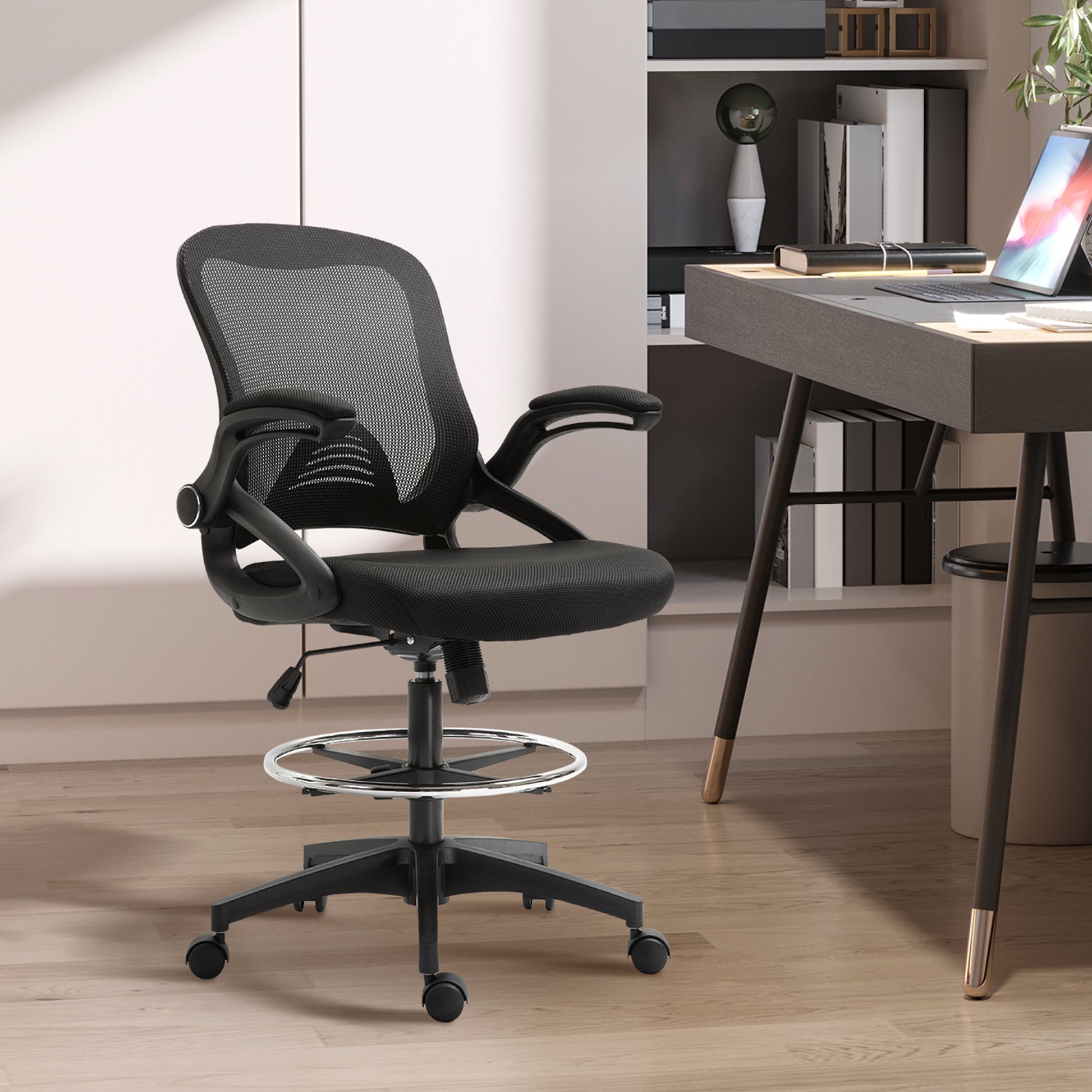 Office Chair Ergonomic Desk Chair with Flip-Up Armrests and Adjustable Foot Ring, Height Adjustable Swivel Chair Drafting Chair with Tilt Function, Mesh Black