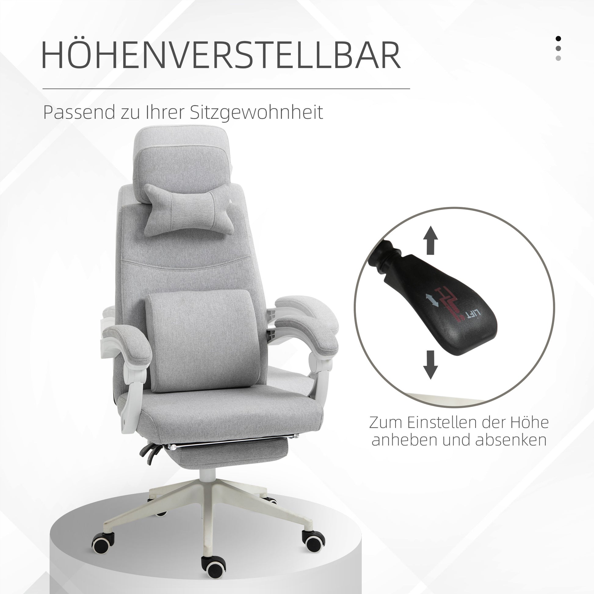Office Chair, Ergonomic Desk Chair with Headrest, Lumbar Pillow, Height Adjustable Gaming Chair with Footrest, High Backrest, Gray 62 x 68 x 117-127 cm