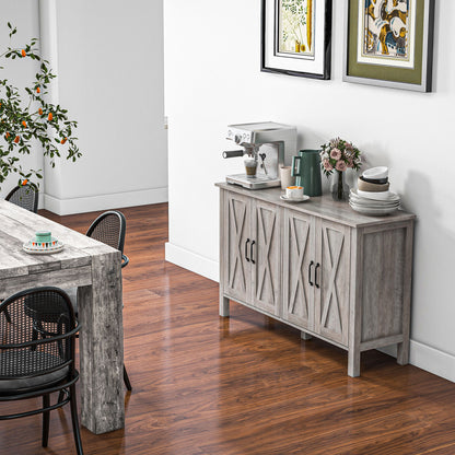 Low Rustic Style Kitchen Cabinet with 2 Adjustable Shelves, TV Buffet for up to 55 inches with 4 Wooden Doors, 120x37x75 cm, Gray