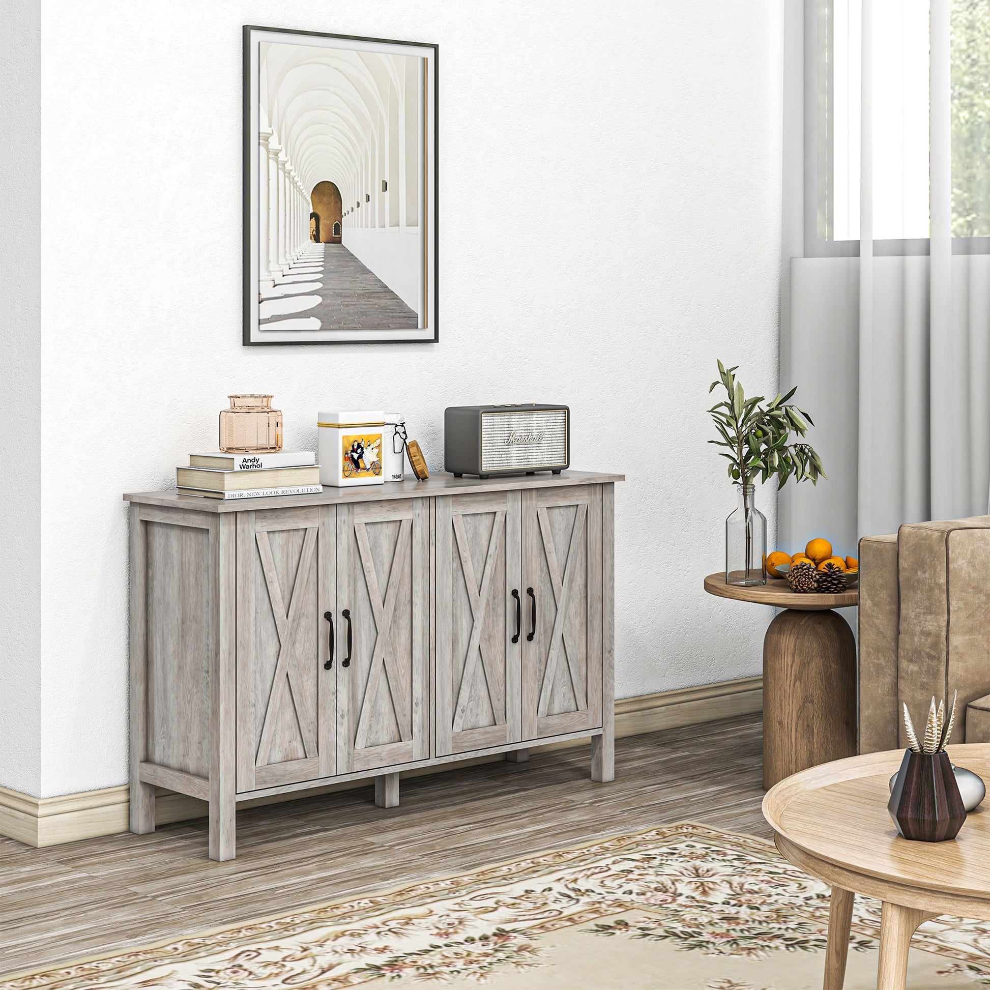 Low Rustic Style Kitchen Cabinet with 2 Adjustable Shelves, TV Buffet for up to 55 inches with 4 Wooden Doors, 120x37x75 cm, Gray