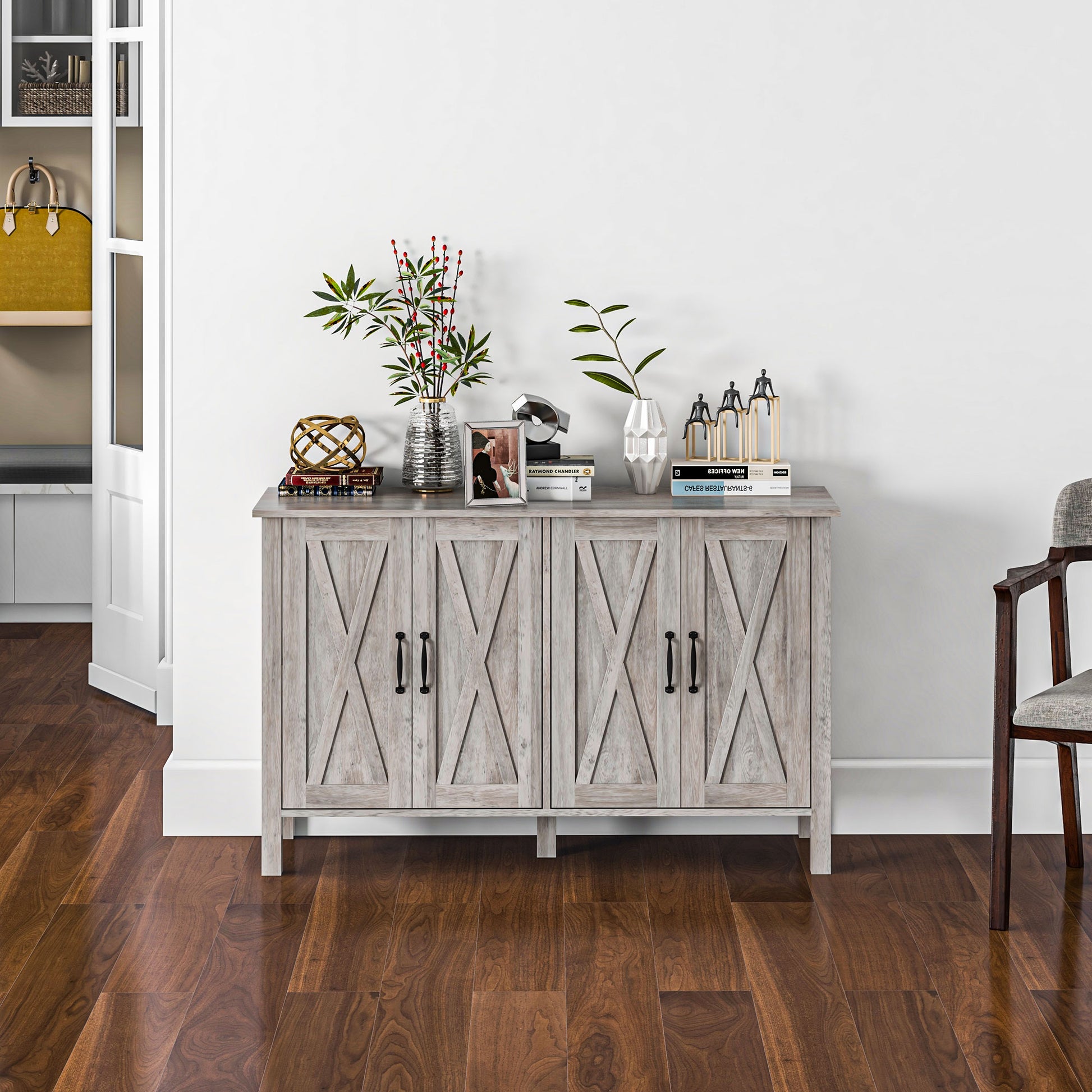 Low Rustic Style Kitchen Cabinet with 2 Adjustable Shelves, TV Buffet for up to 55 inches with 4 Wooden Doors, 120x37x75 cm, Gray