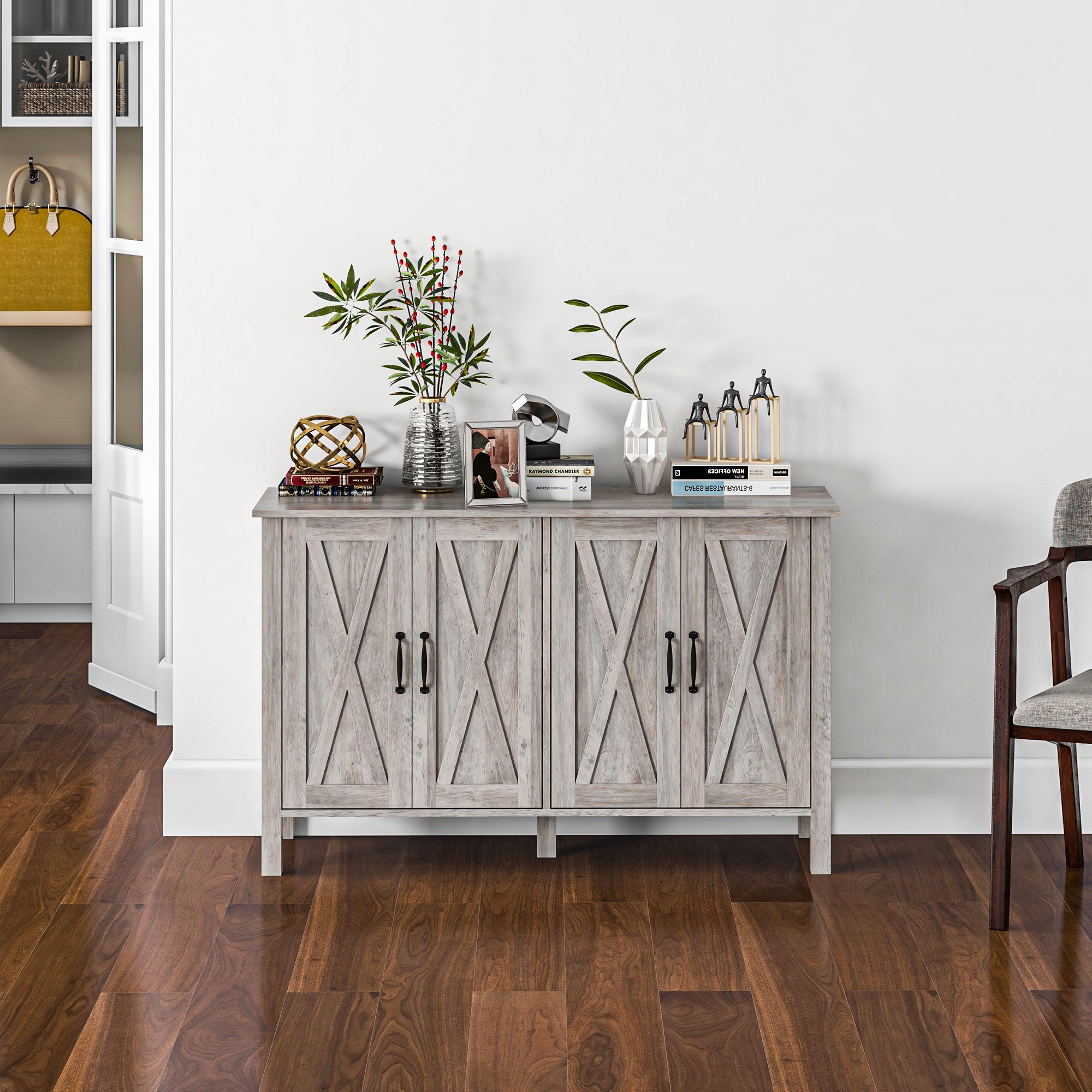 Low Rustic Style Kitchen Cabinet with 2 Adjustable Shelves, TV Buffet for up to 55 inches with 4 Wooden Doors, 120x37x75 cm, Gray