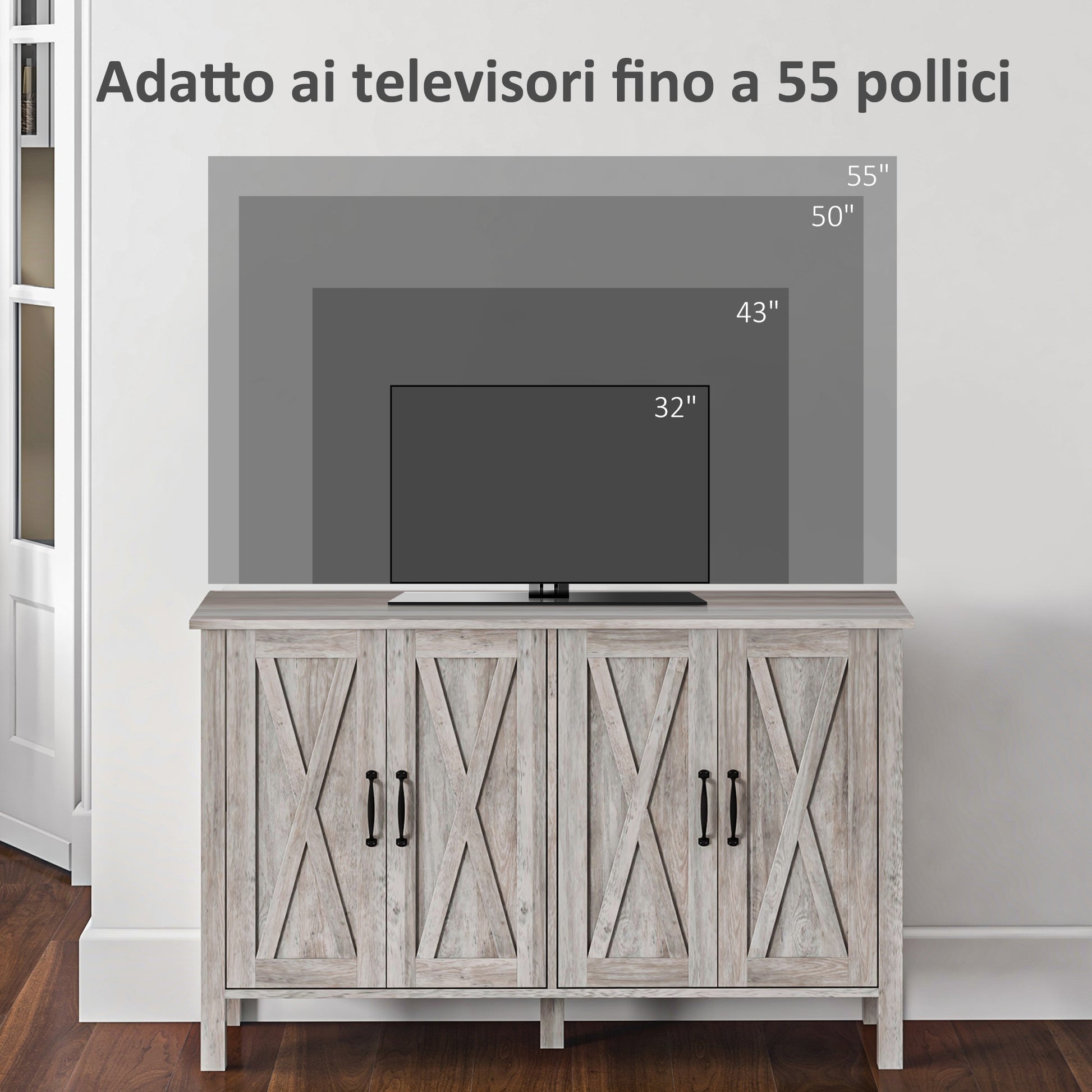 Low Rustic Style Kitchen Cabinet with 2 Adjustable Shelves, TV Buffet for up to 55 inches with 4 Wooden Doors, 120x37x75 cm, Gray