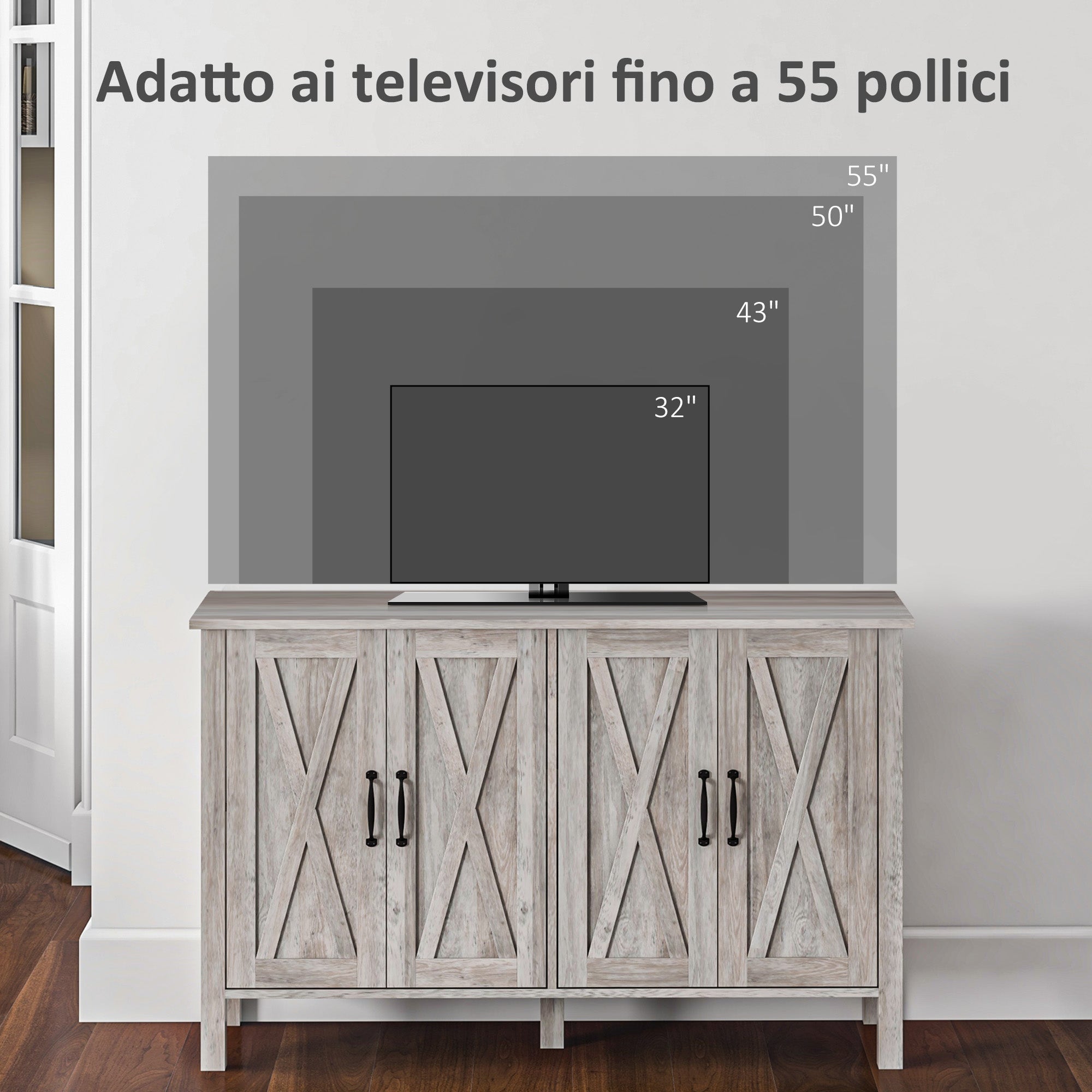 Low Rustic Style Kitchen Cabinet with 2 Adjustable Shelves, TV Buffet for up to 55 inches with 4 Wooden Doors, 120x37x75 cm, Gray