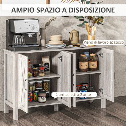 Low Rustic Style Kitchen Cabinet with 2 Adjustable Shelves, TV Buffet for up to 55 inches with 4 Wooden Doors, 120x37x75 cm, Gray