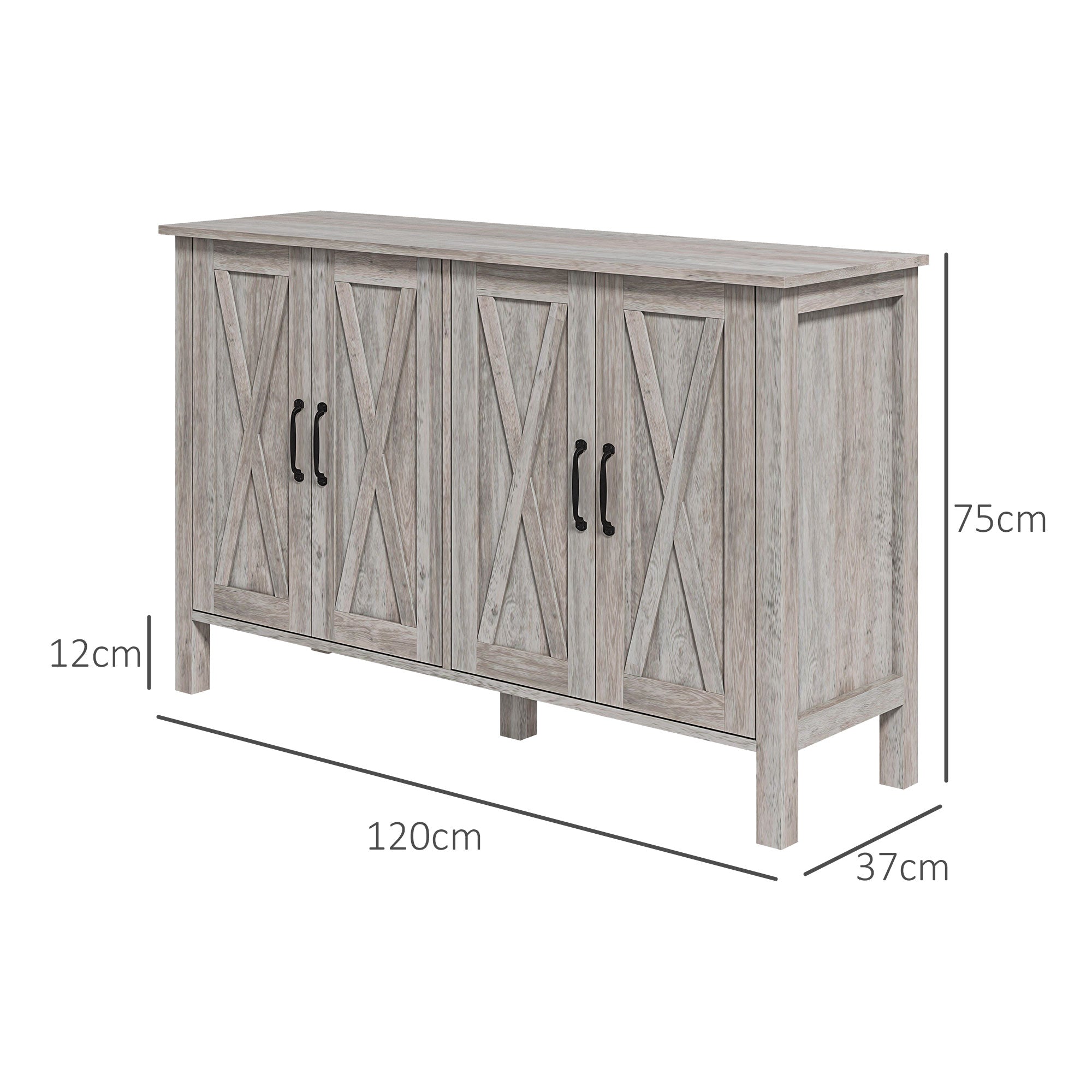 Low Rustic Style Kitchen Cabinet with 2 Adjustable Shelves, TV Buffet for up to 55 inches with 4 Wooden Doors, 120x37x75 cm, Gray