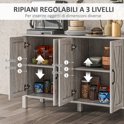 Low Rustic Style Kitchen Cabinet with 2 Adjustable Shelves, TV Buffet for up to 55 inches with 4 Wooden Doors, 120x37x75 cm, Gray