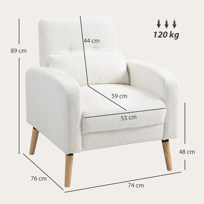 Lounge Chair with Lumbar Pillow, Upholstered Padded Chair with Wooden Legs, Fleece Fabric, Recliner Armchair for Living Room, Bedroom, White