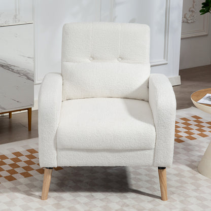 Lounge Chair with Lumbar Pillow, Upholstered Padded Chair with Wooden Legs, Fleece Fabric, Recliner Armchair for Living Room, Bedroom, White