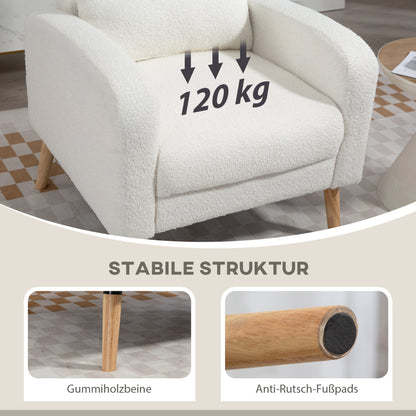 Lounge Chair with Lumbar Pillow, Upholstered Padded Chair with Wooden Legs, Fleece Fabric, Recliner Armchair for Living Room, Bedroom, White