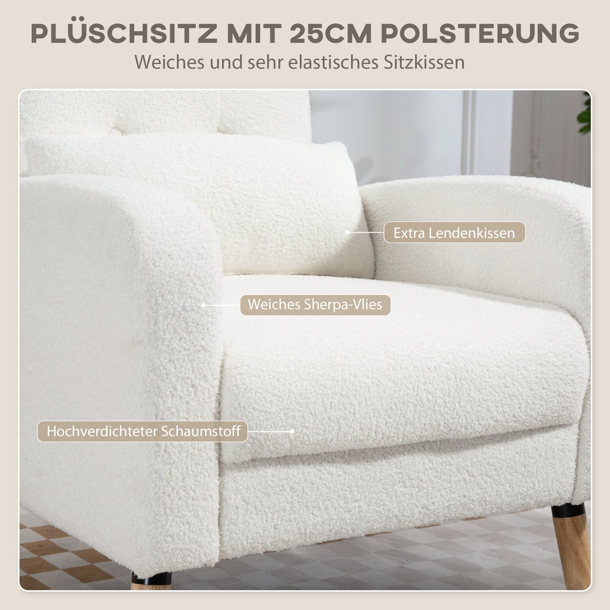 Lounge Chair with Lumbar Pillow, Upholstered Padded Chair with Wooden Legs, Fleece Fabric, Recliner Armchair for Living Room, Bedroom, White