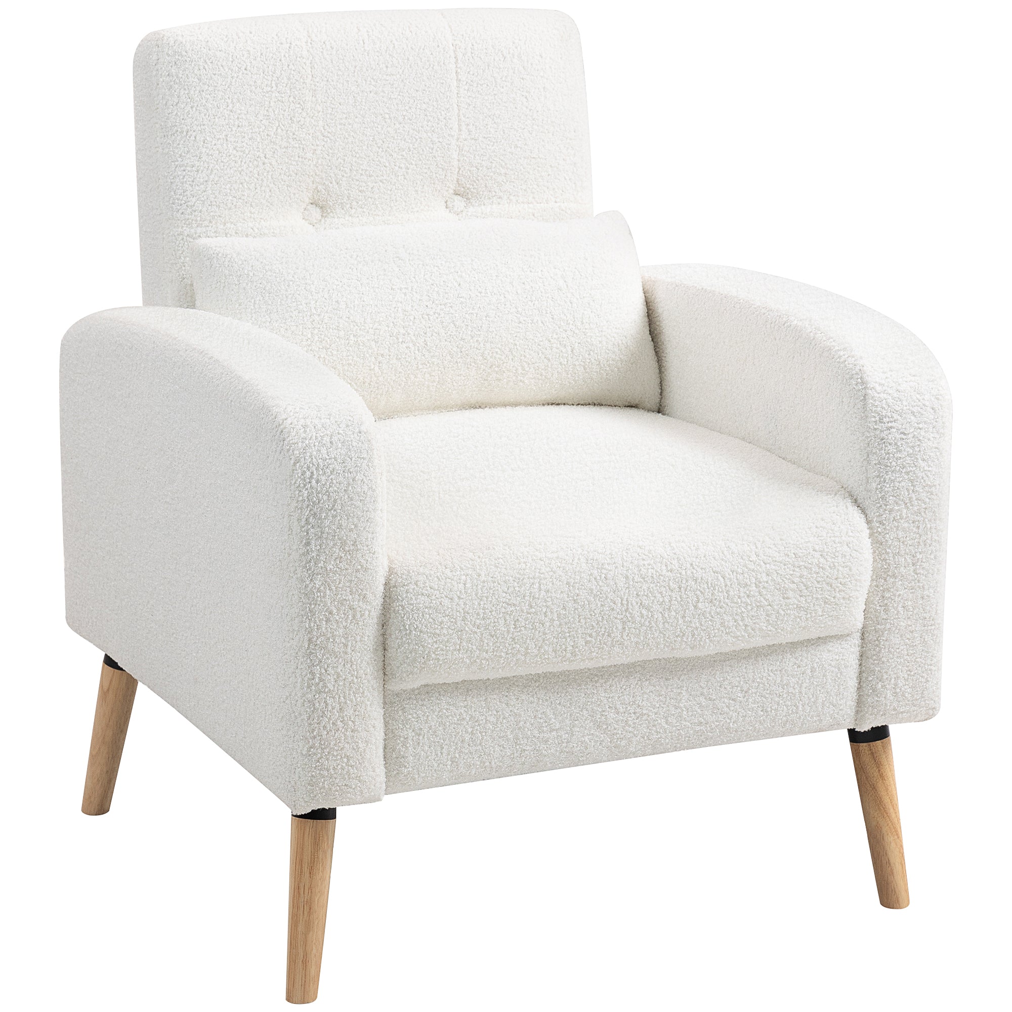 Lounge Chair with Lumbar Pillow, Upholstered Padded Chair with Wooden Legs, Fleece Fabric, Recliner Armchair for Living Room, Bedroom, White