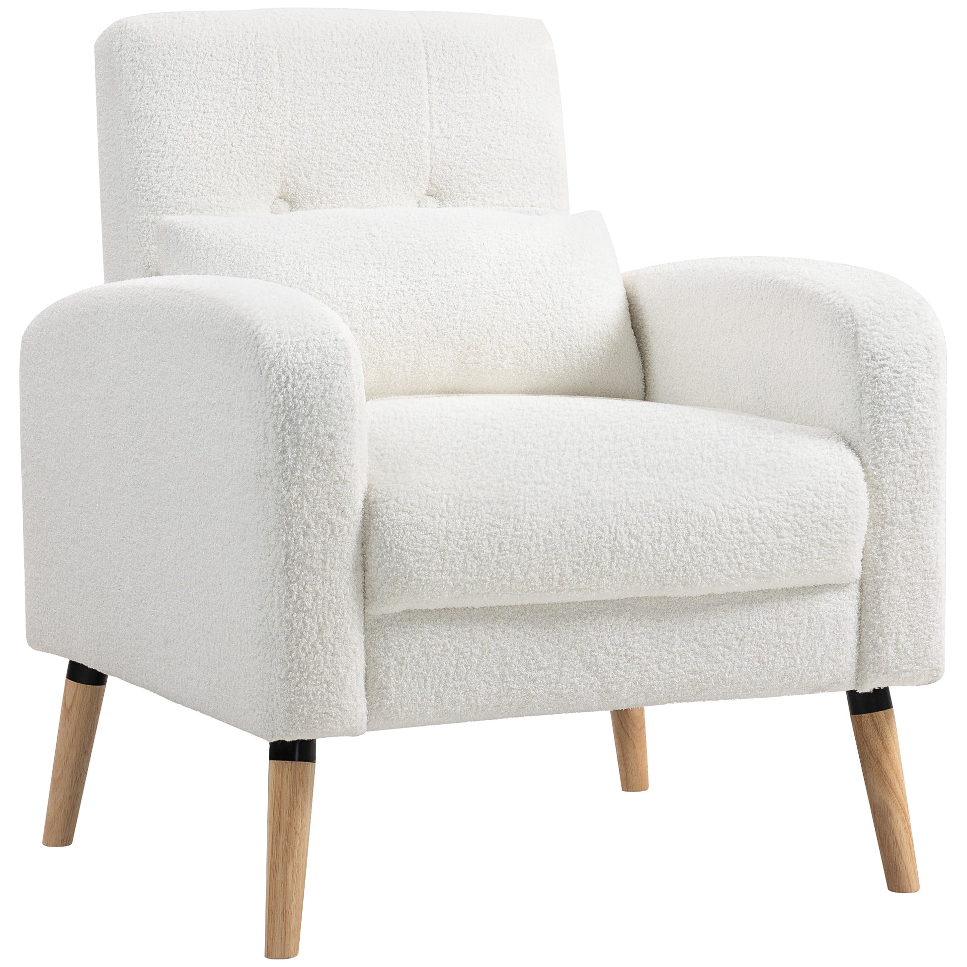 Lounge Chair with Lumbar Pillow, Upholstered Padded Chair with Wooden Legs, Fleece Fabric, Recliner Armchair for Living Room, Bedroom, White