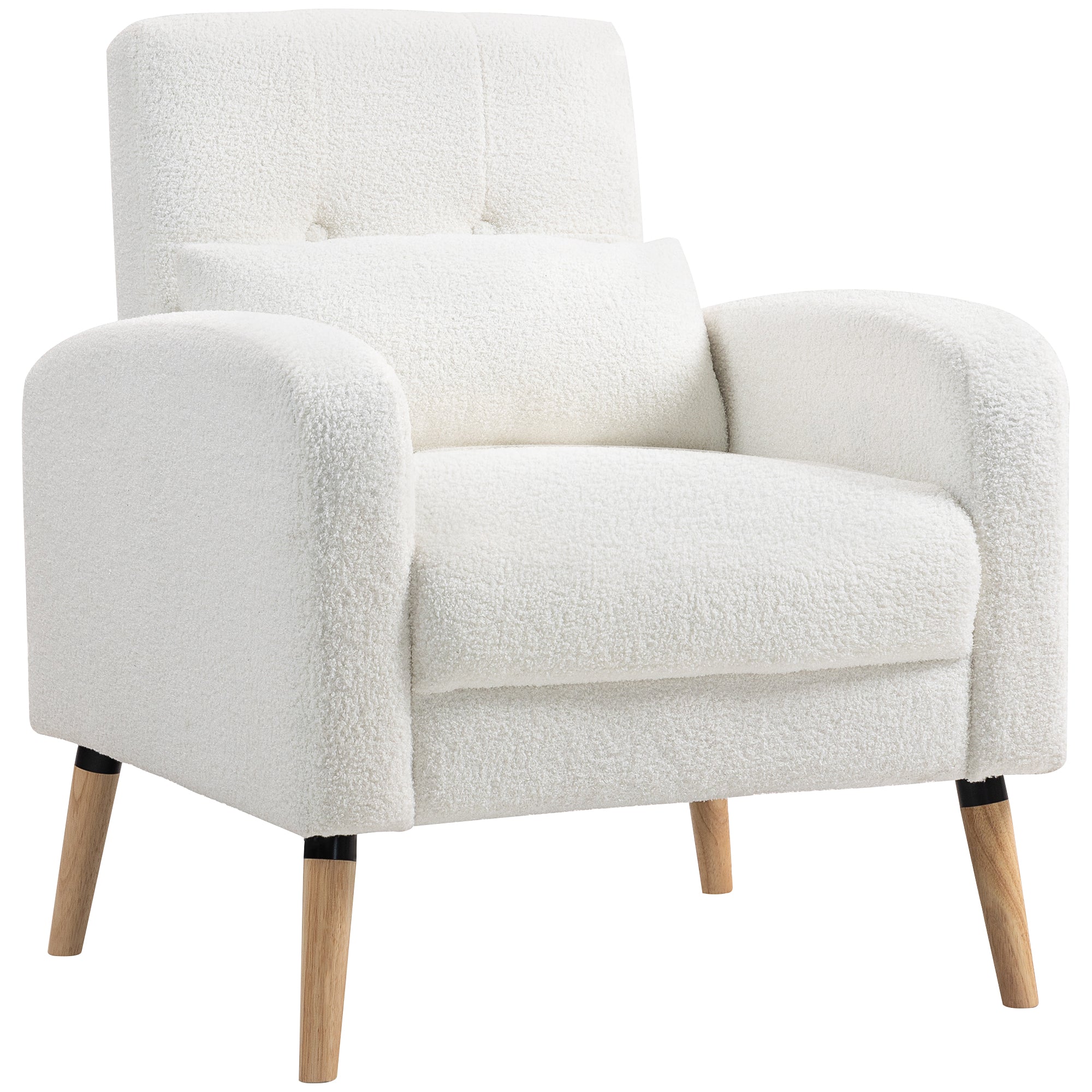 Lounge Chair with Lumbar Pillow, Upholstered Padded Chair with Wooden Legs, Fleece Fabric, Recliner Armchair for Living Room, Bedroom, White