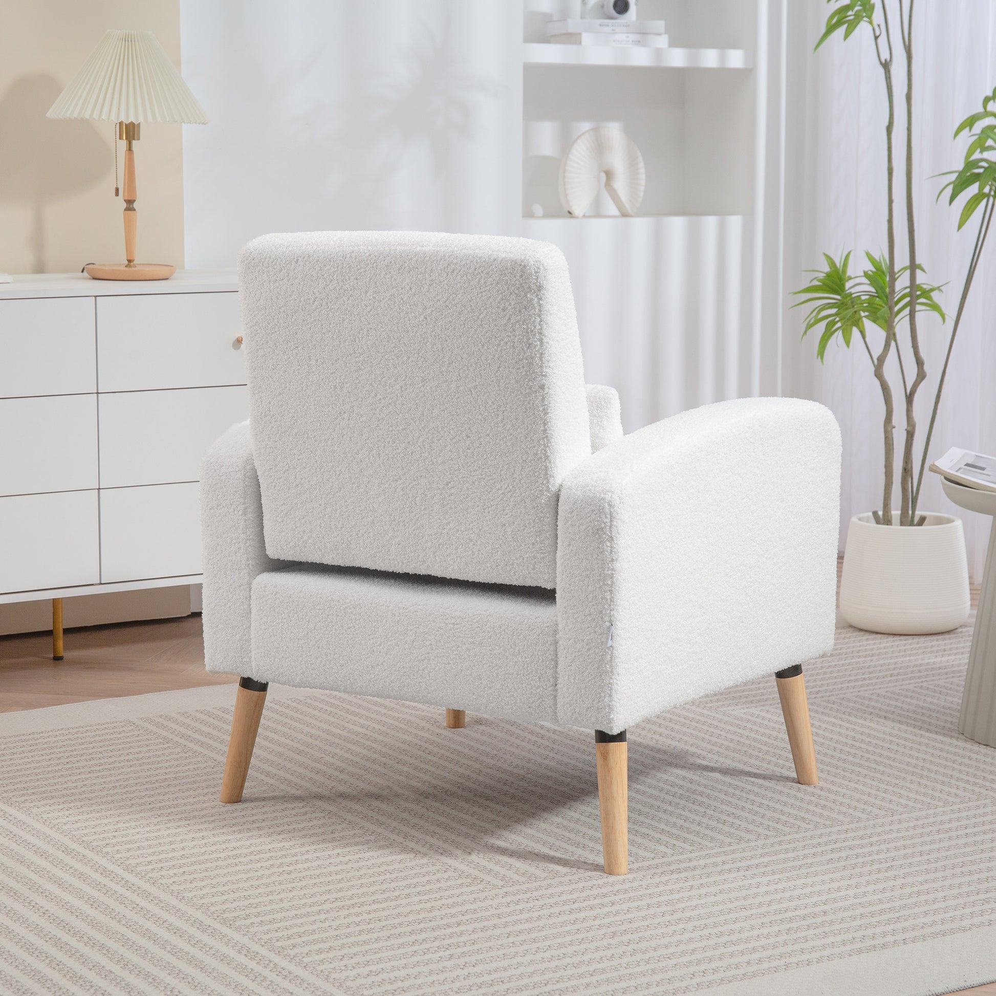 Lounge Chair with Lumbar Pillow, Upholstered Padded Chair with Wooden Legs, Fleece Fabric, Recliner Armchair for Living Room, Bedroom, White
