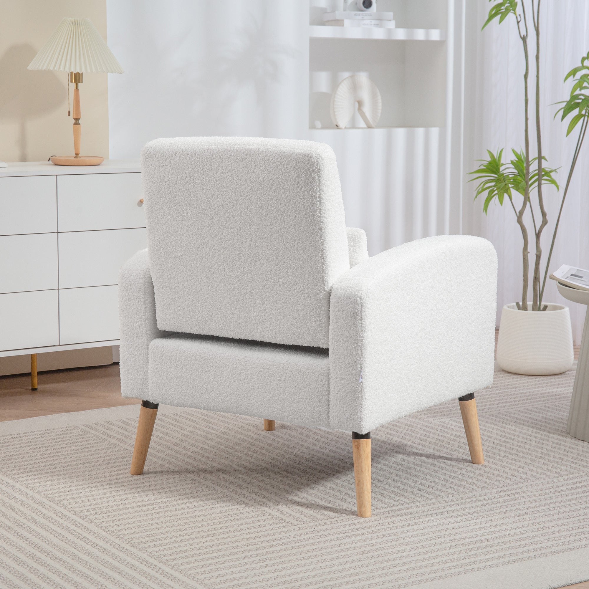 Lounge Chair with Lumbar Pillow, Upholstered Padded Chair with Wooden Legs, Fleece Fabric, Recliner Armchair for Living Room, Bedroom, White