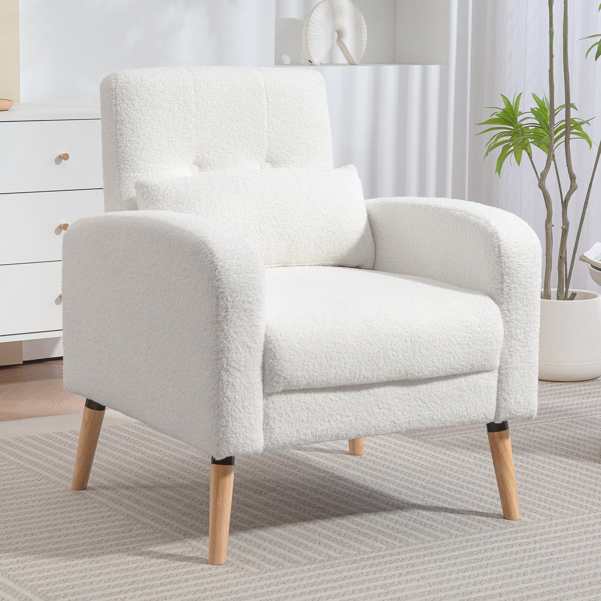Lounge Chair with Lumbar Pillow, Upholstered Padded Chair with Wooden Legs, Fleece Fabric, Recliner Armchair for Living Room, Bedroom, White