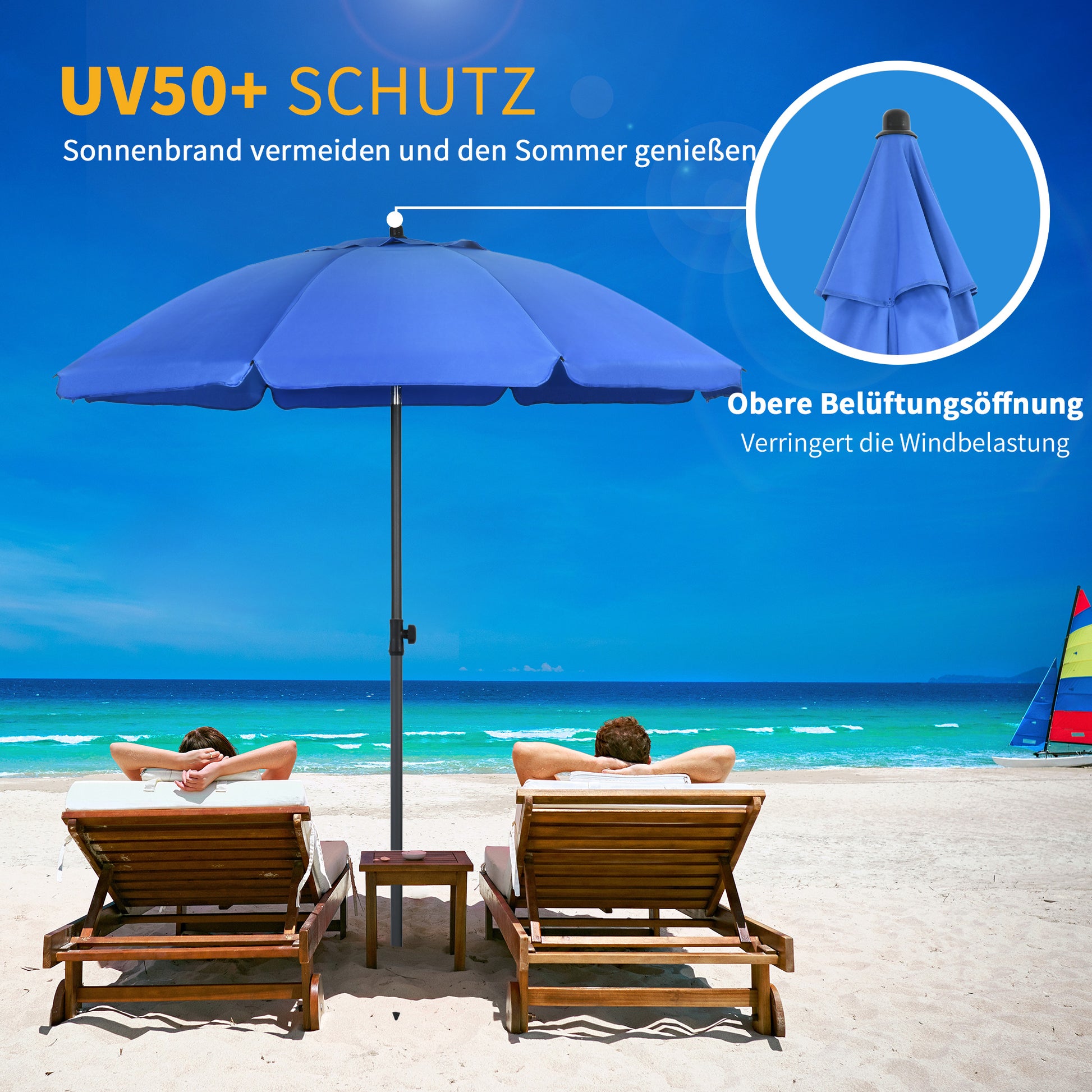 Beach Umbrella Ø180 cm UV 50+ Windproof Stable Beach Umbrella with UV Protection Stormproof Balcony Umbrella Foldable Garden Umbrella Safe Sun Protection for Travel Beach Balcony Camping Blue