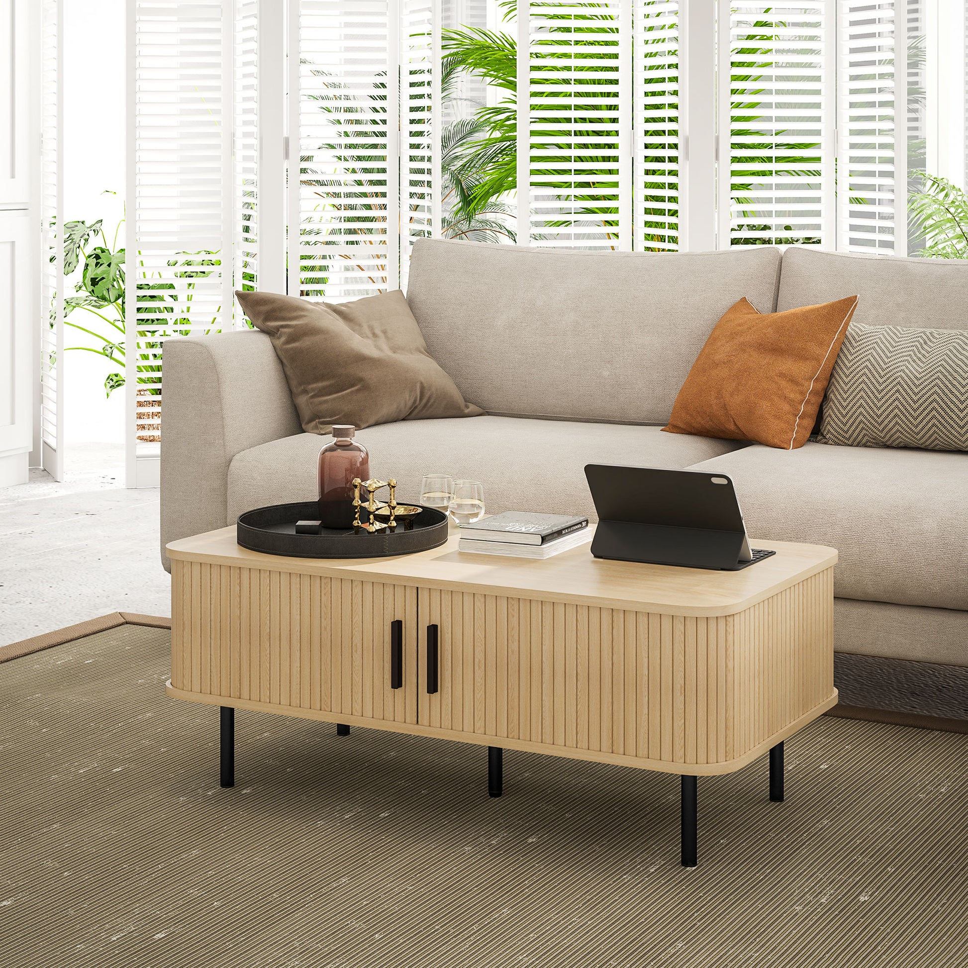Coffee Table Low Table for Living Room with 2 Sliding Louver Doors 2 Compartments and Steel Legs for Living Room Bedroom 100x55x40 cm Oak