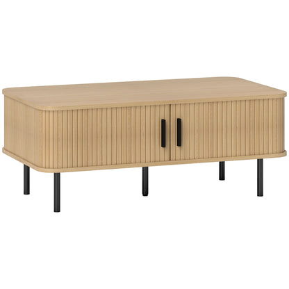 Coffee Table Low Table for Living Room with 2 Sliding Louver Doors 2 Compartments and Steel Legs for Living Room Bedroom 100x55x40 cm Oak